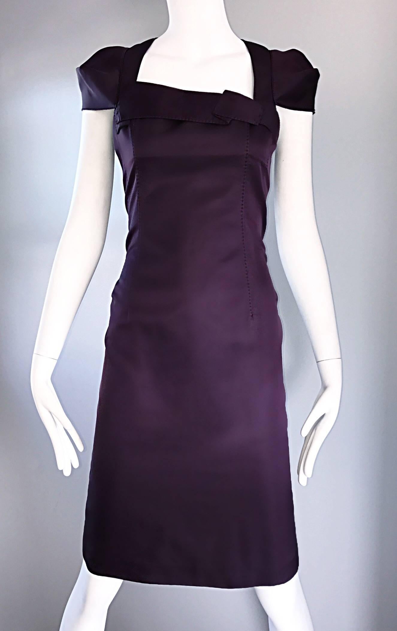 6267 Purple Aubergine Silk and Cotton Cap Sleeve Futuristic Stretch Runway Dress For Sale 1