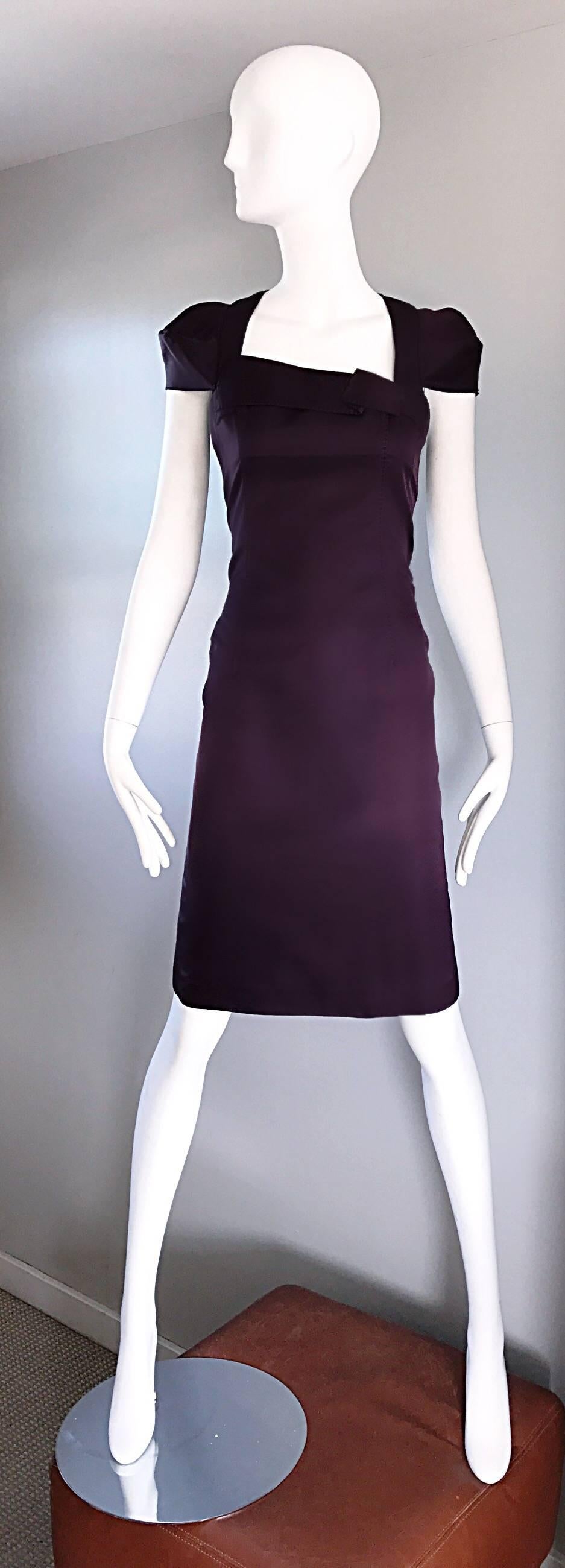 6267 Purple Aubergine Silk and Cotton Cap Sleeve Futuristic Stretch Runway Dress For Sale 4
