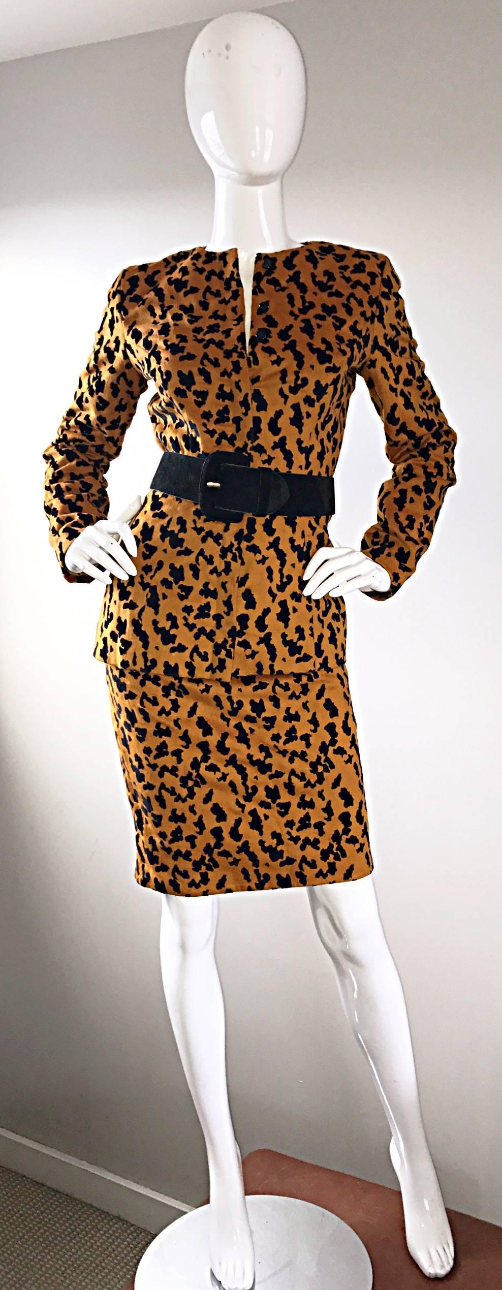 Vintage Vicky Tiel Couture Leopard Cheetah Print Wool Velvet 1980s Skirt Suit  In Excellent Condition For Sale In San Diego, CA