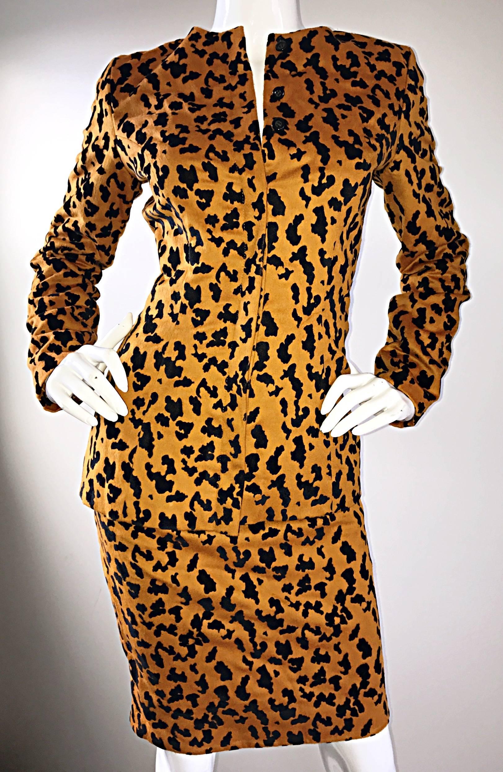 Vintage Vicky Tiel Couture Leopard Cheetah Print Wool Velvet 1980s Skirt Suit For Sale 1