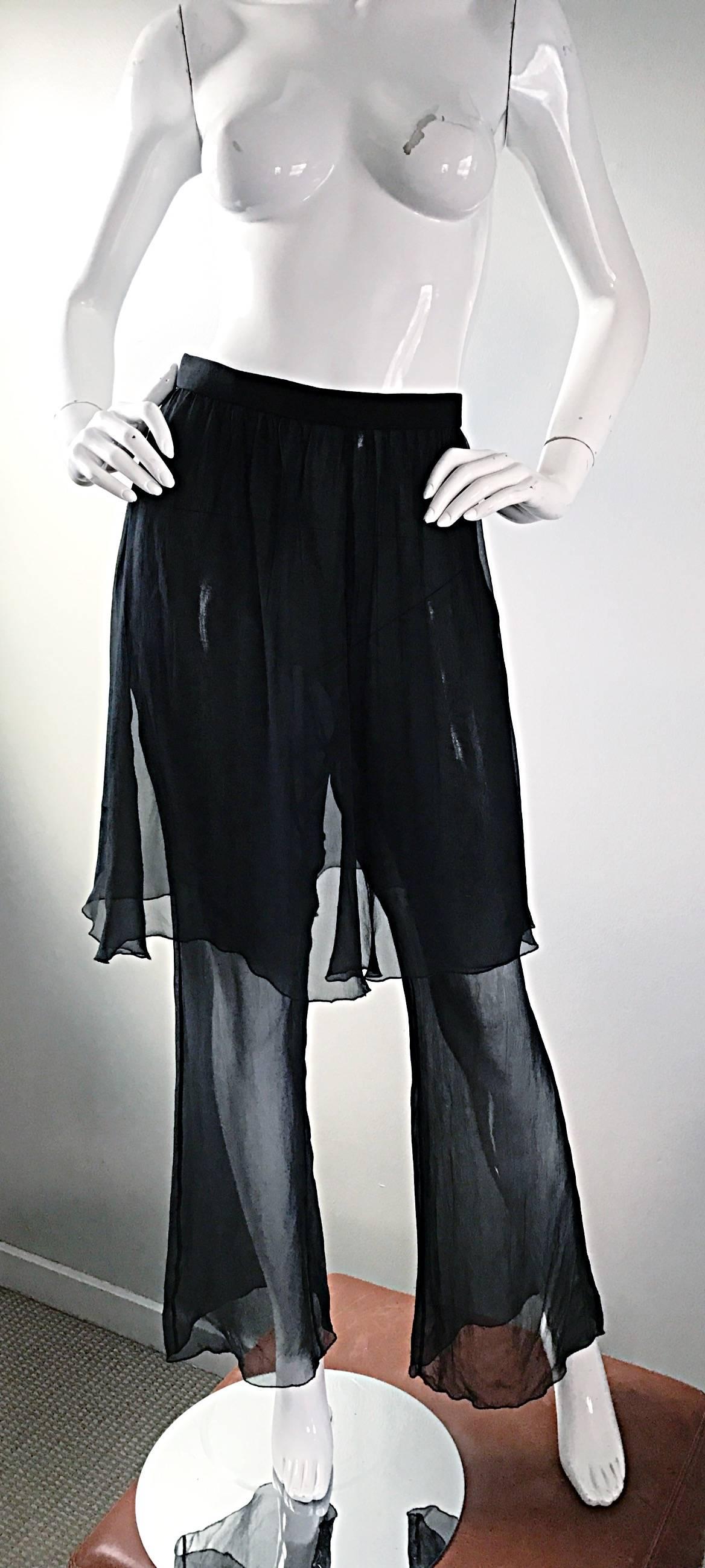 Amazing vintage 1990s KARL LAGERFELD black silk chiffon wide leg trousers, with attached semi sheer skirt! This is a prime example of what  made Lagerfeld so successful in his career. The design genius not only had his own label, but was head