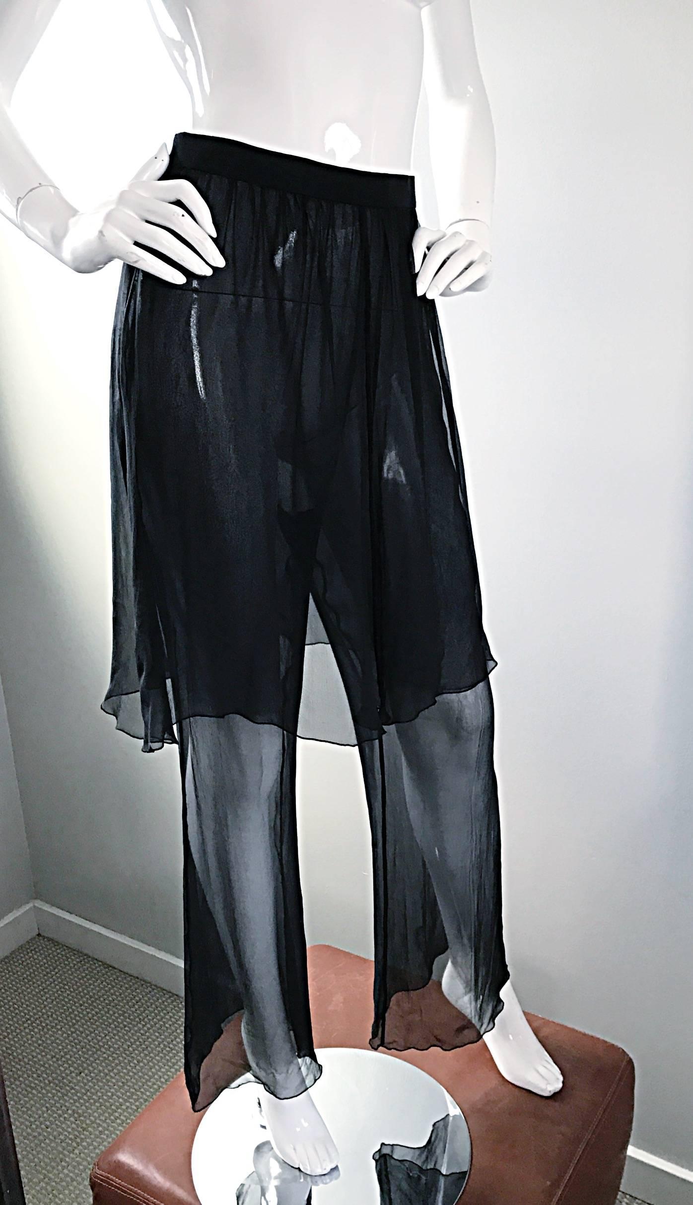 Karl Lagerfeld Vintage Sensational Black Silk Chiffon 90s Wide Leg Pants Skirt In Excellent Condition In San Diego, CA