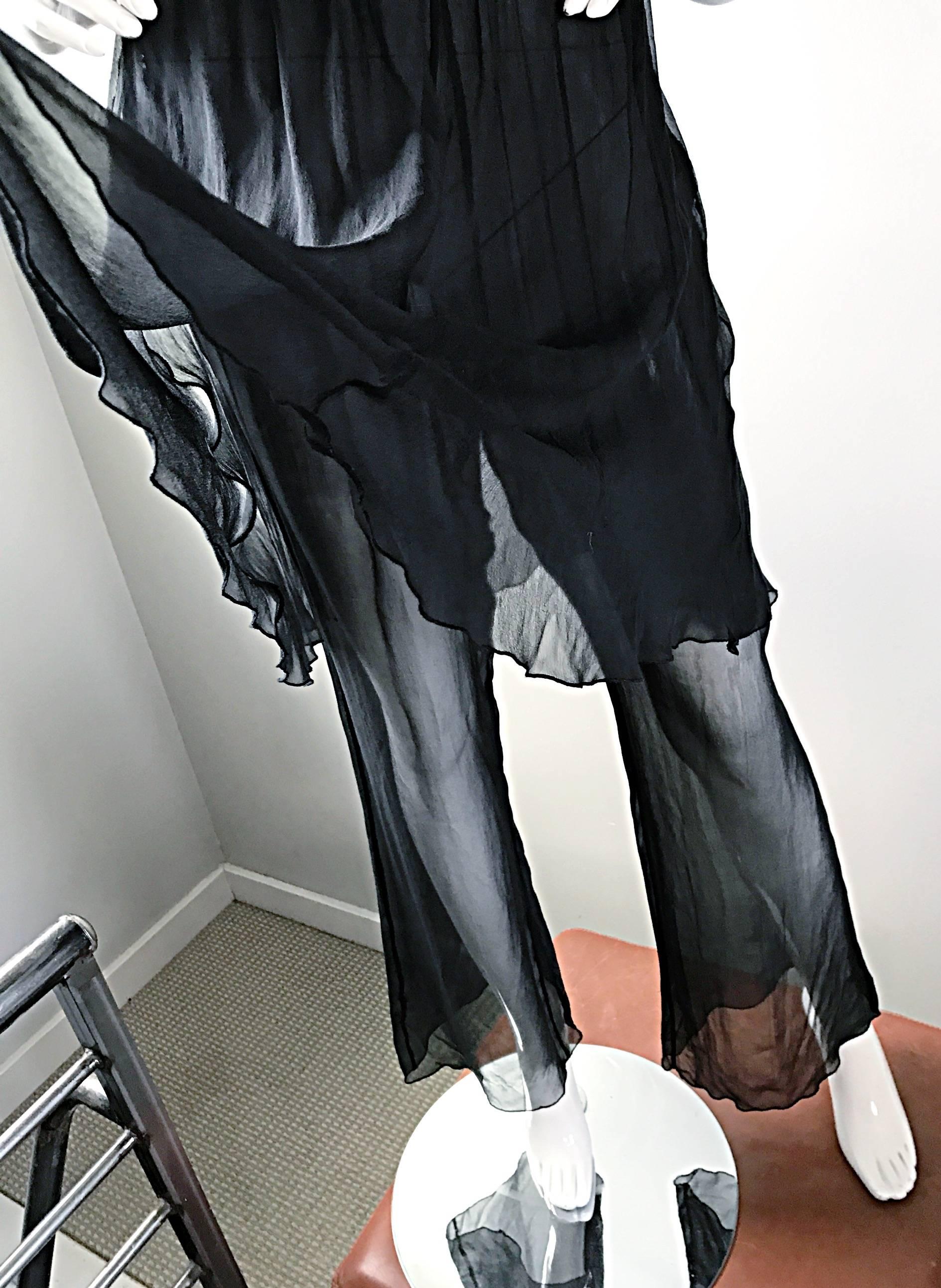 Women's Karl Lagerfeld Vintage Sensational Black Silk Chiffon 90s Wide Leg Pants Skirt