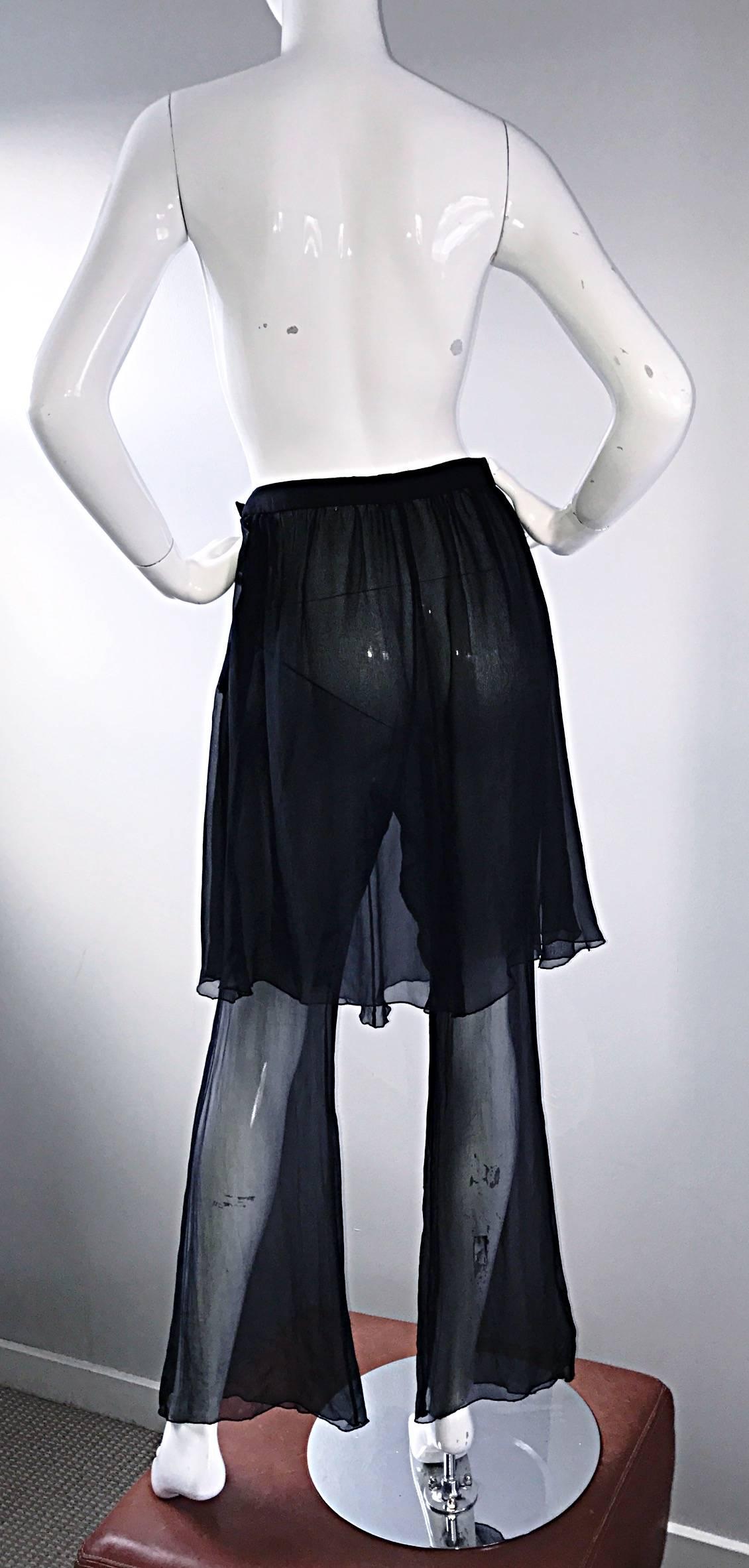 Karl Lagerfeld Vintage Sensational Black Silk Chiffon 90s Wide Leg Pants Skirt 1