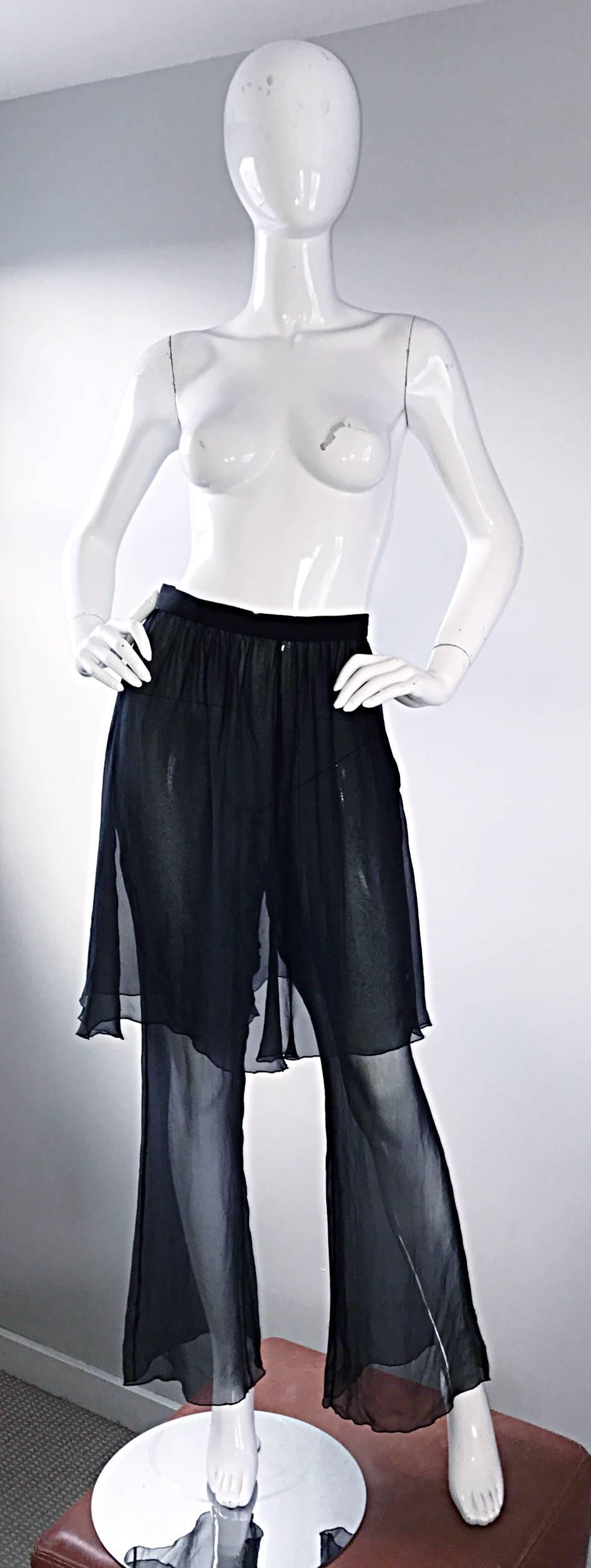 Karl Lagerfeld Vintage Sensational Black Silk Chiffon 90s Wide Leg Pants Skirt 2