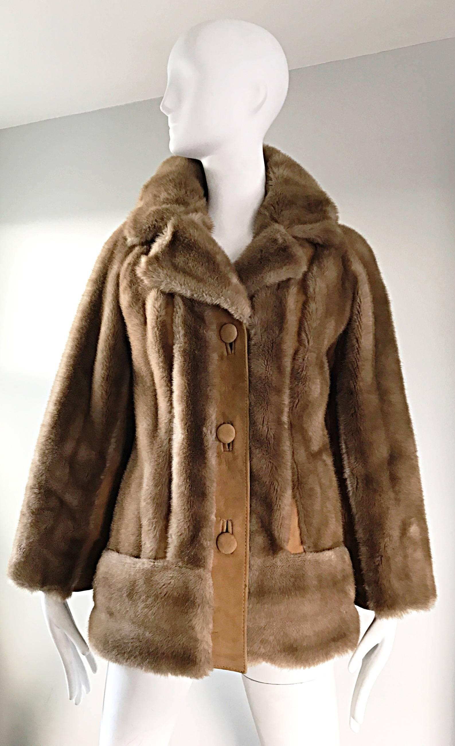 Chic 1960s vintage LILLI ANN for London Leathers faux fur and suede leather swing jacket / coat! Features vertical panels of soft light brown faux fur and suede throughout. Suede covered buttons up the front. Two pockets (one at each side of the