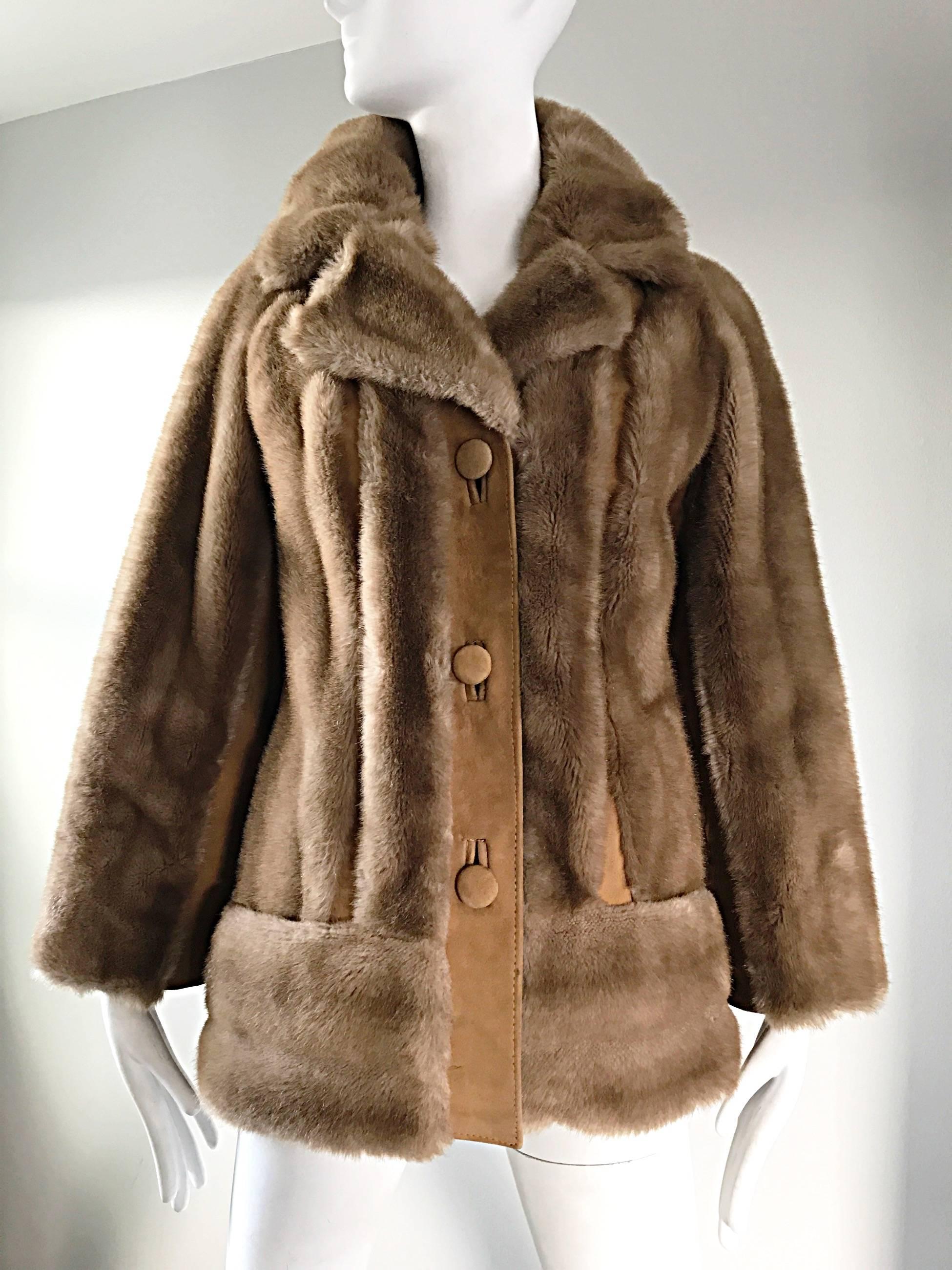Women's Chic 1960s Lilli Ann Light Brown Faux Fur And Suede Leather Vintage Swing Coat For Sale