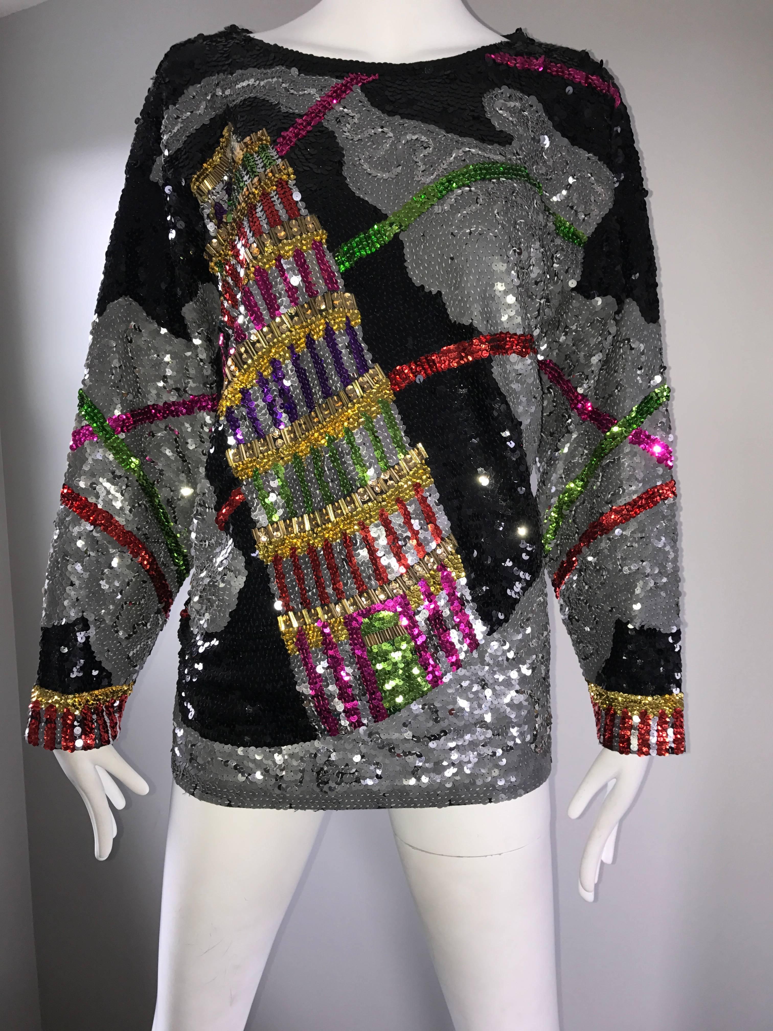 Amazing Vintage ' Leaning Tower of Pisa ' Fully Sequined Long Sleeve Top Blouse In Excellent Condition For Sale In San Diego, CA