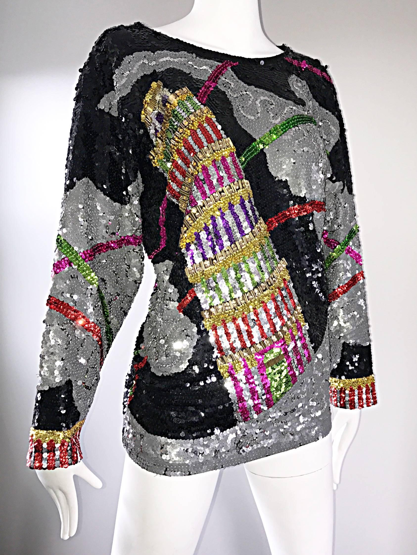sequined color block long sleeve blouse