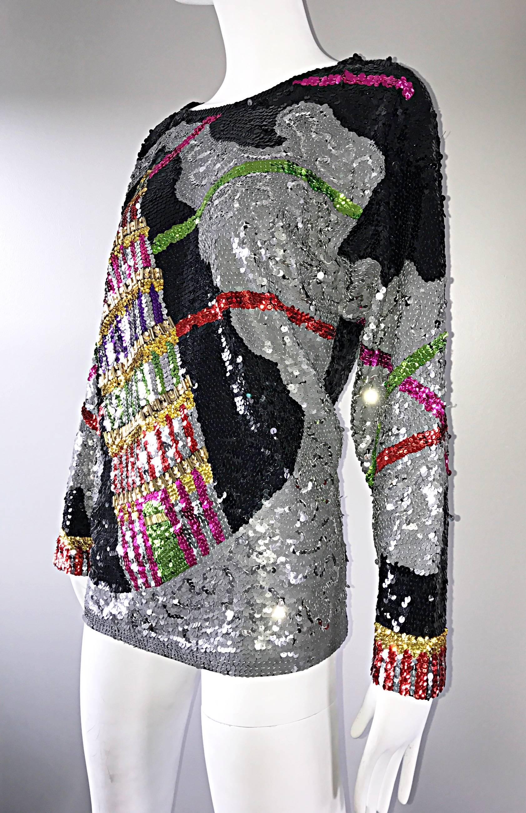 Black Amazing Vintage ' Leaning Tower of Pisa ' Fully Sequined Long Sleeve Top Blouse For Sale