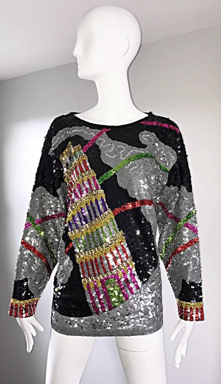 Amazing Vintage ' Leaning Tower of Pisa ' Fully Sequined Long Sleeve Top Blouse For Sale 5
