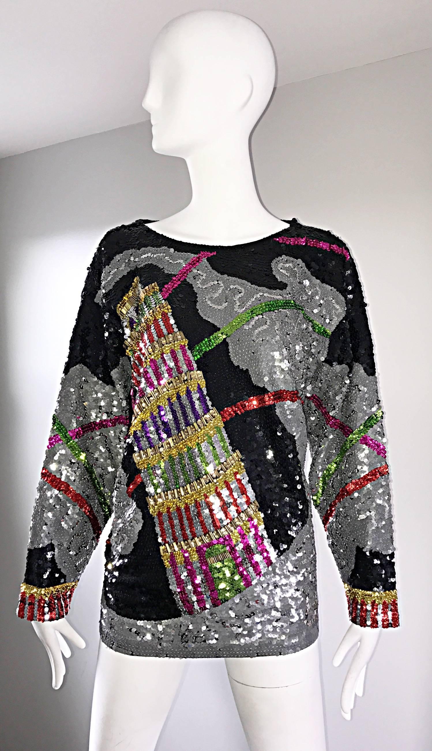 Amazing Vintage ' Leaning Tower of Pisa ' Fully Sequined Long Sleeve Top Blouse For Sale 2