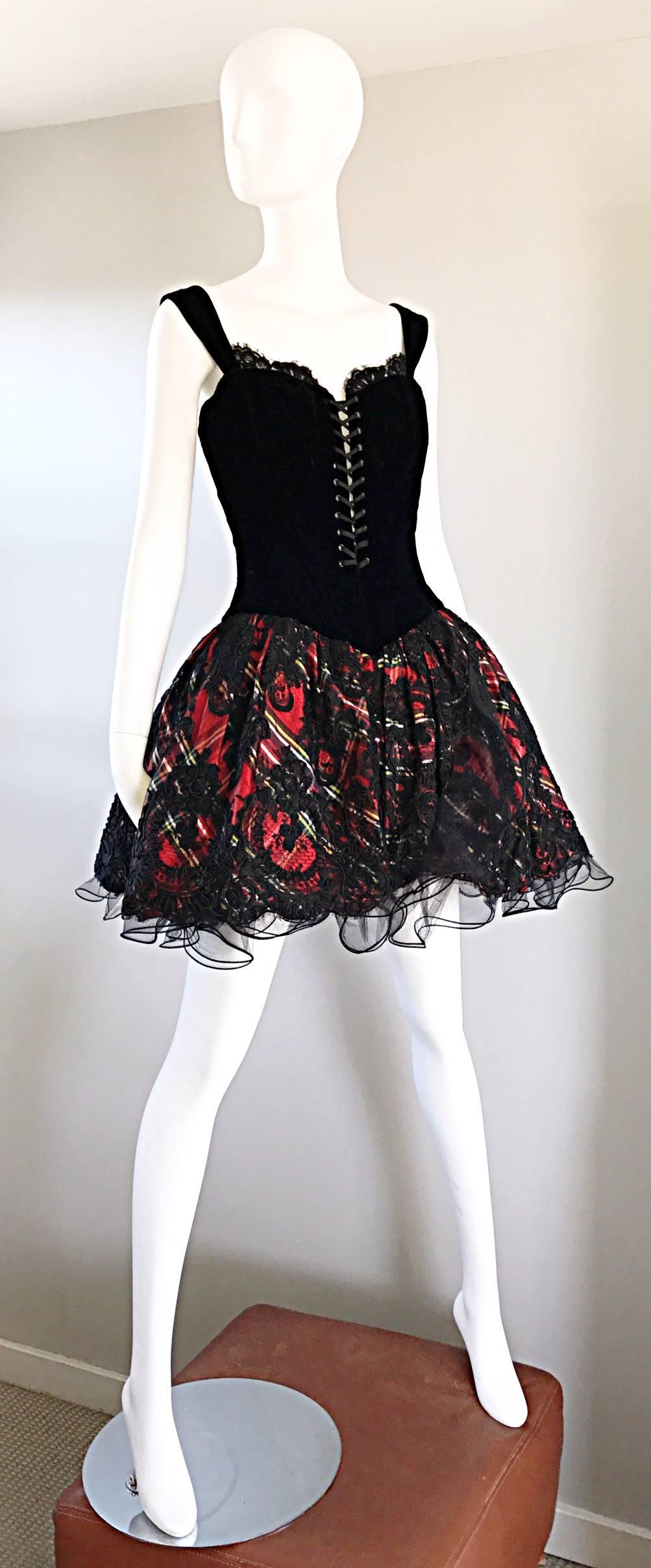 Black Vintage Vicky Tiel Couture Fabulous Red Plaid Corset Holiday Taffeta Lace Dress