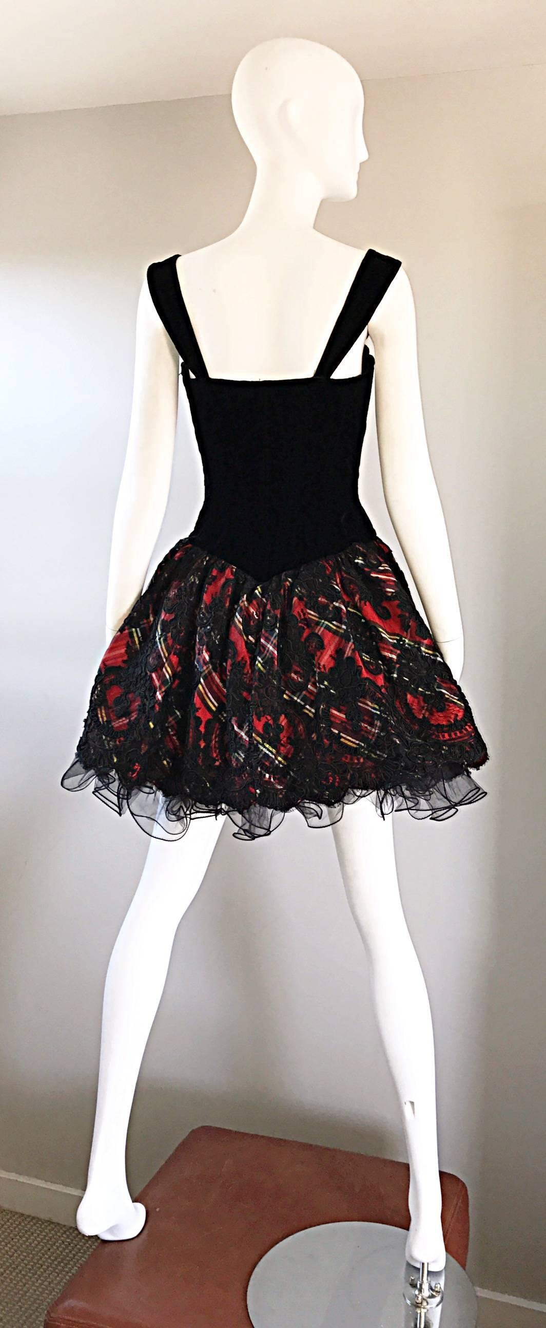 Women's Vintage Vicky Tiel Couture Fabulous Red Plaid Corset Holiday Taffeta Lace Dress