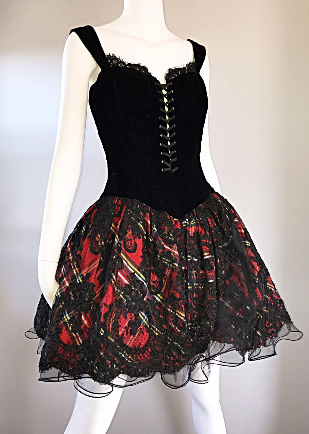 Vintage Vicky Tiel Couture Fabulous Red Plaid Corset Holiday Taffeta