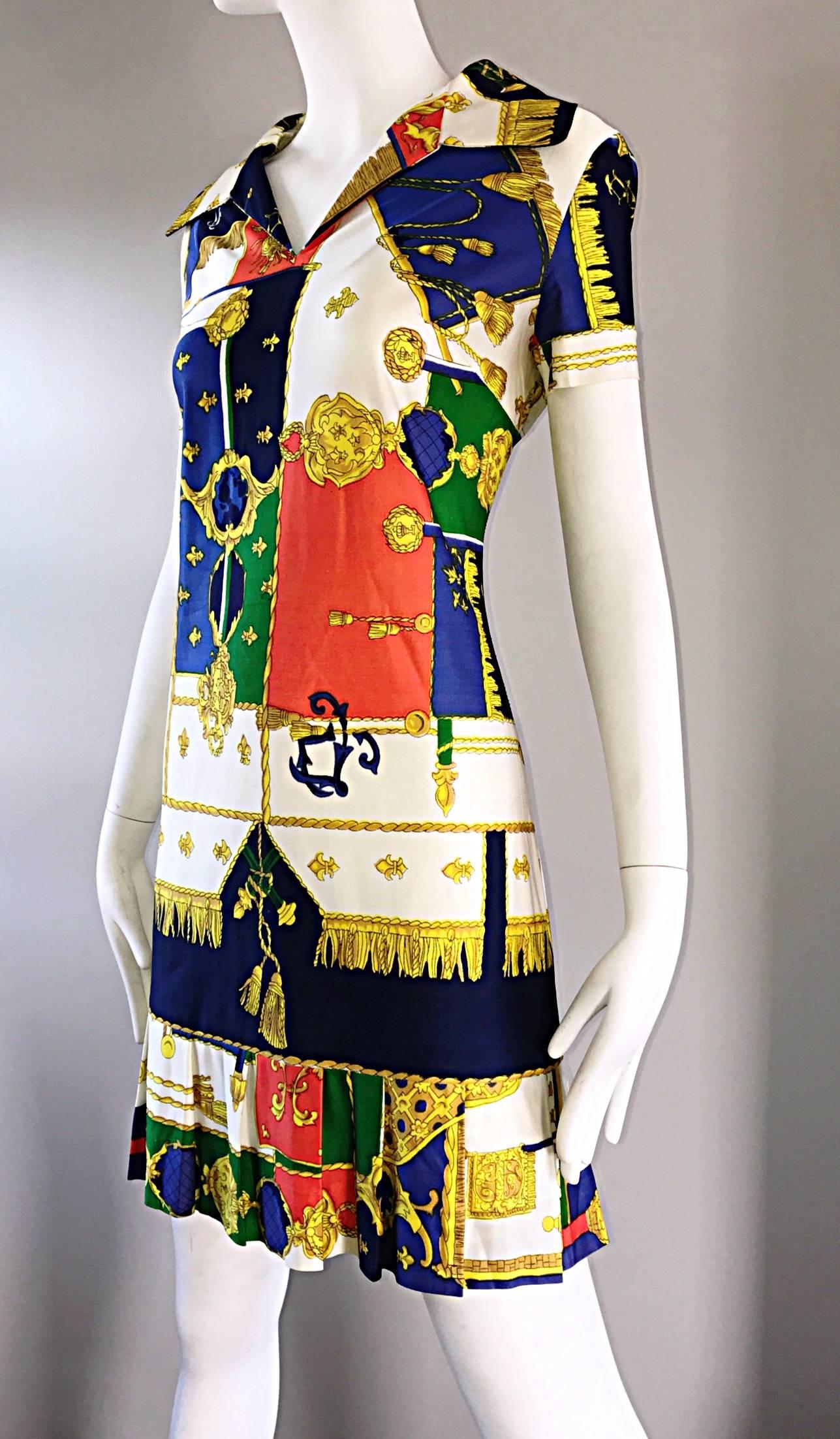 Chic 1960s Stacy Ames Vintage Nautical Crest + Ropes Mod 60s Shirt Shift Dress  In Excellent Condition For Sale In San Diego, CA