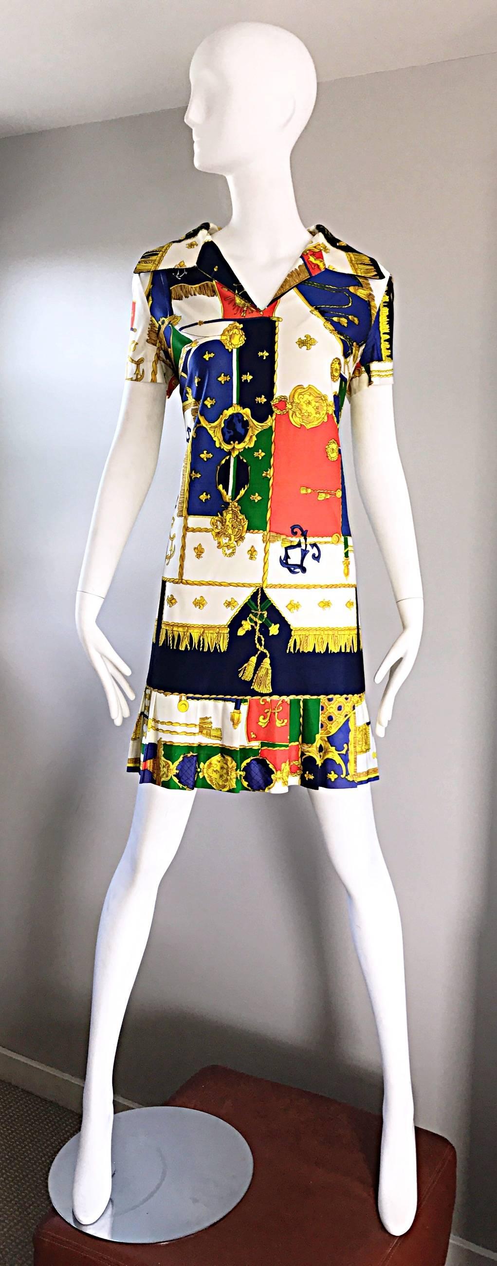 Chic 1960s Stacy Ames Vintage Nautical Crest + Ropes Mod 60s Shirt Shift Dress For Sale 1