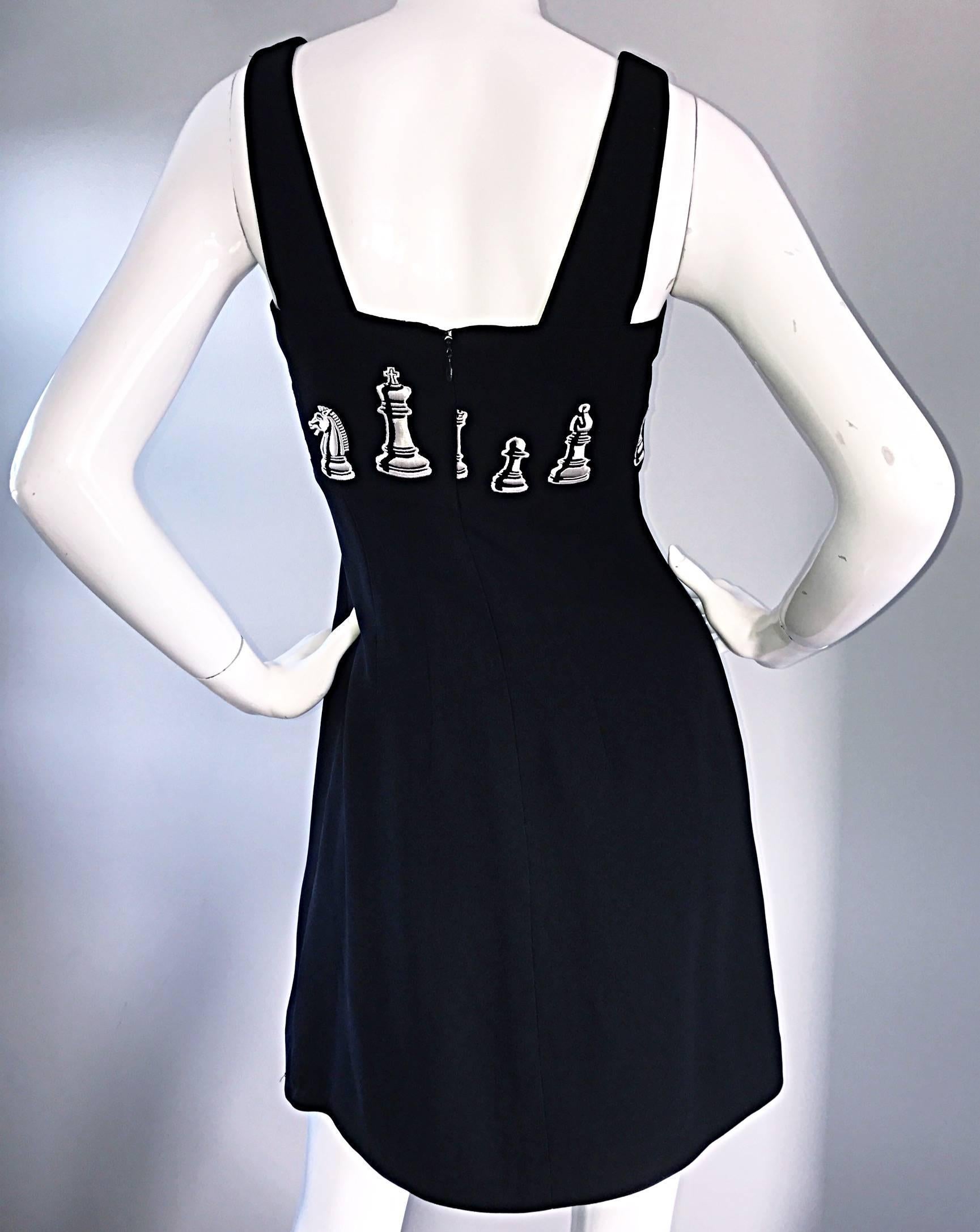1990s Nicole Miller Vintage Black and White ' Chess ' Embroidered Black Dress 4 For Sale 1