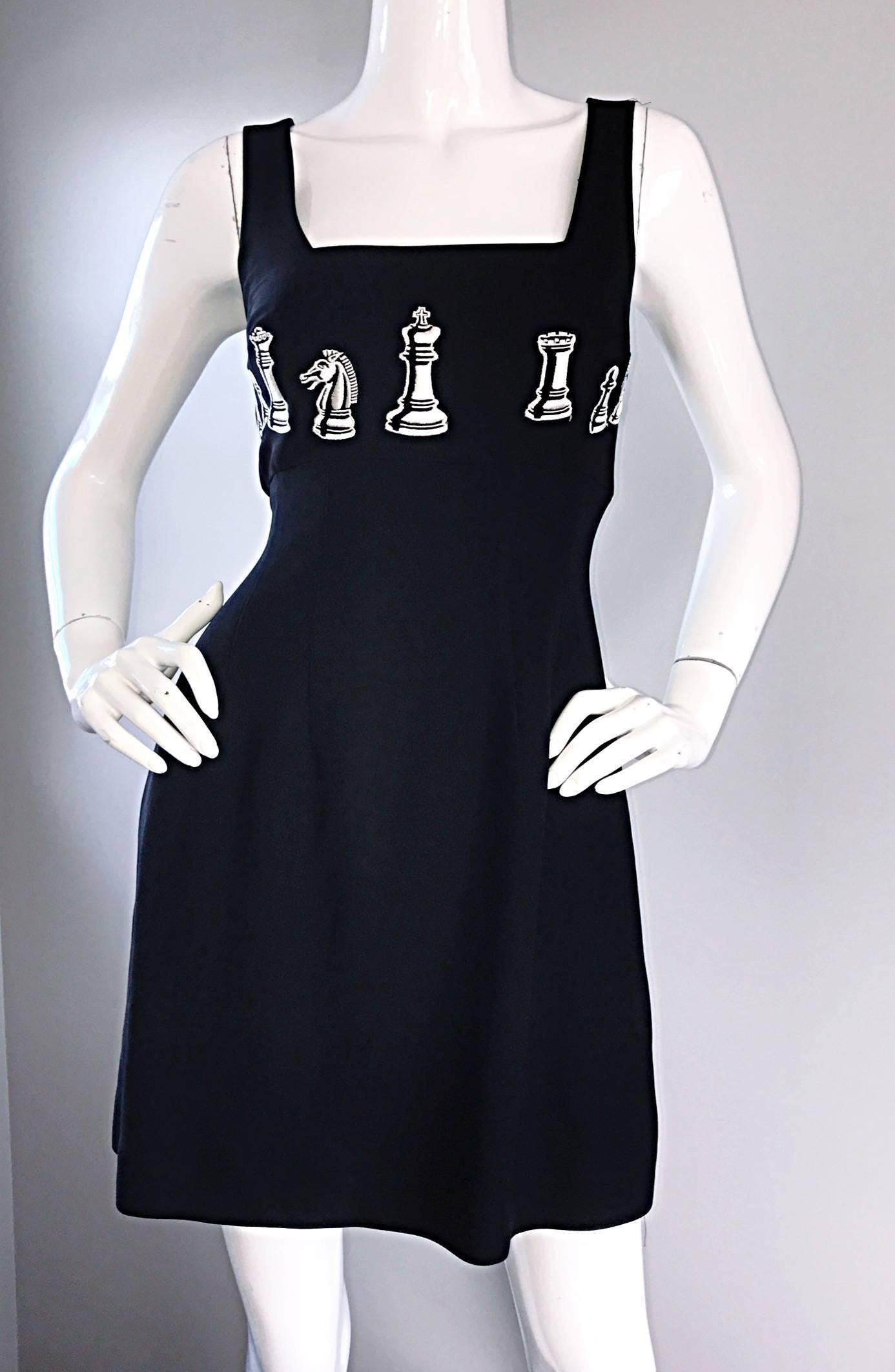 Women's 1990s Nicole Miller Vintage Black and White ' Chess ' Embroidered Black Dress 4 For Sale