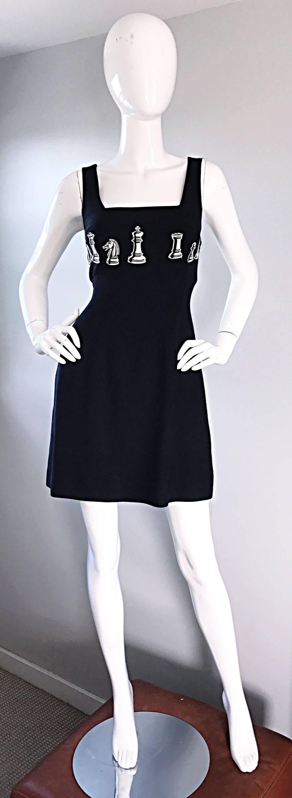 1990s Nicole Miller Vintage Black and White ' Chess ' Embroidered Black Dress 4 For Sale 2