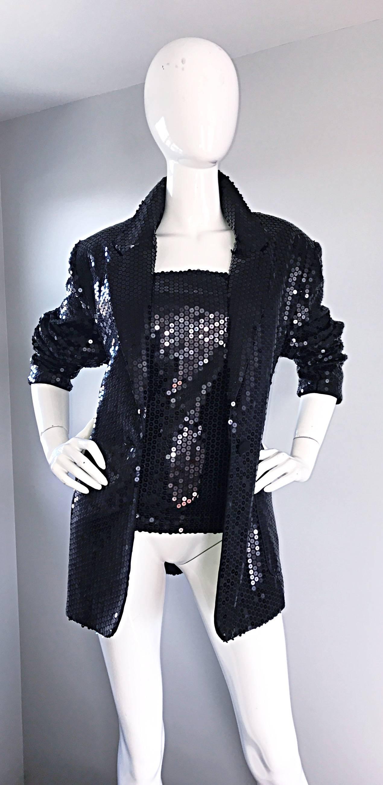 Beautiful vintage NICOLE MILLER 90s black sequin sleeveless top and blazer set! Features thousands of hand-sewn black sequins throughout both pieces. Single button at the front of the jacket. Two pockets (one at each side of the waist). Both pieces