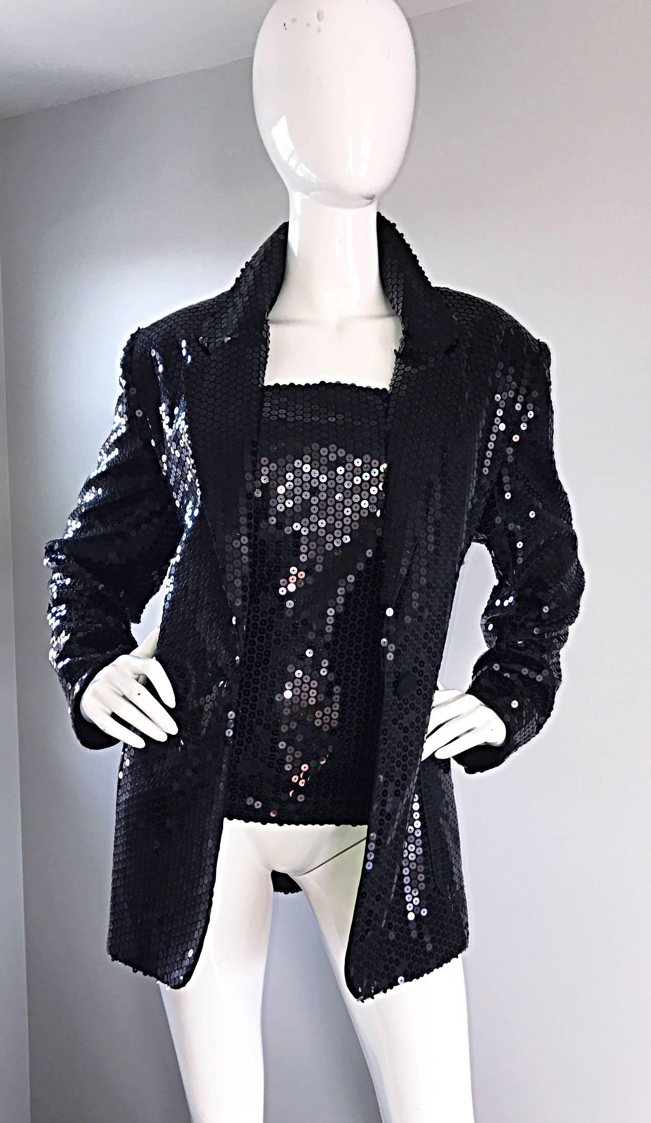 Women's 1990s Nicole Miller Size 12 Black Sequin Blazer and Top Vintage 90s Jacket Set For Sale