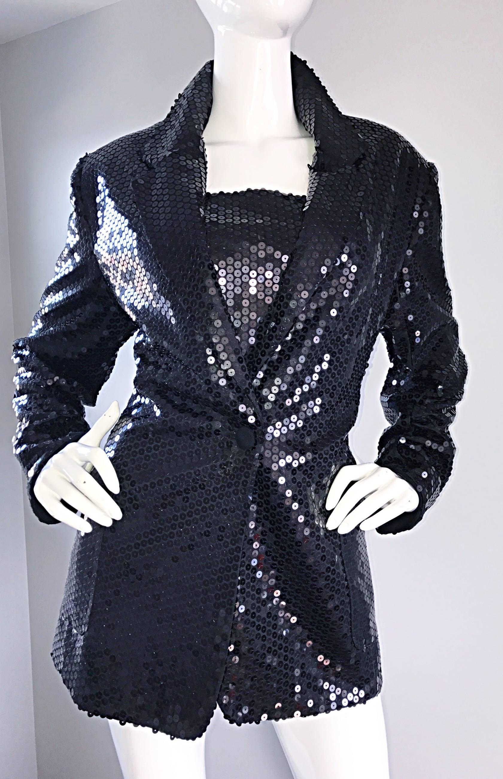 1990s Nicole Miller Size 12 Black Sequin Blazer and Top Vintage 90s Jacket Set For Sale 2