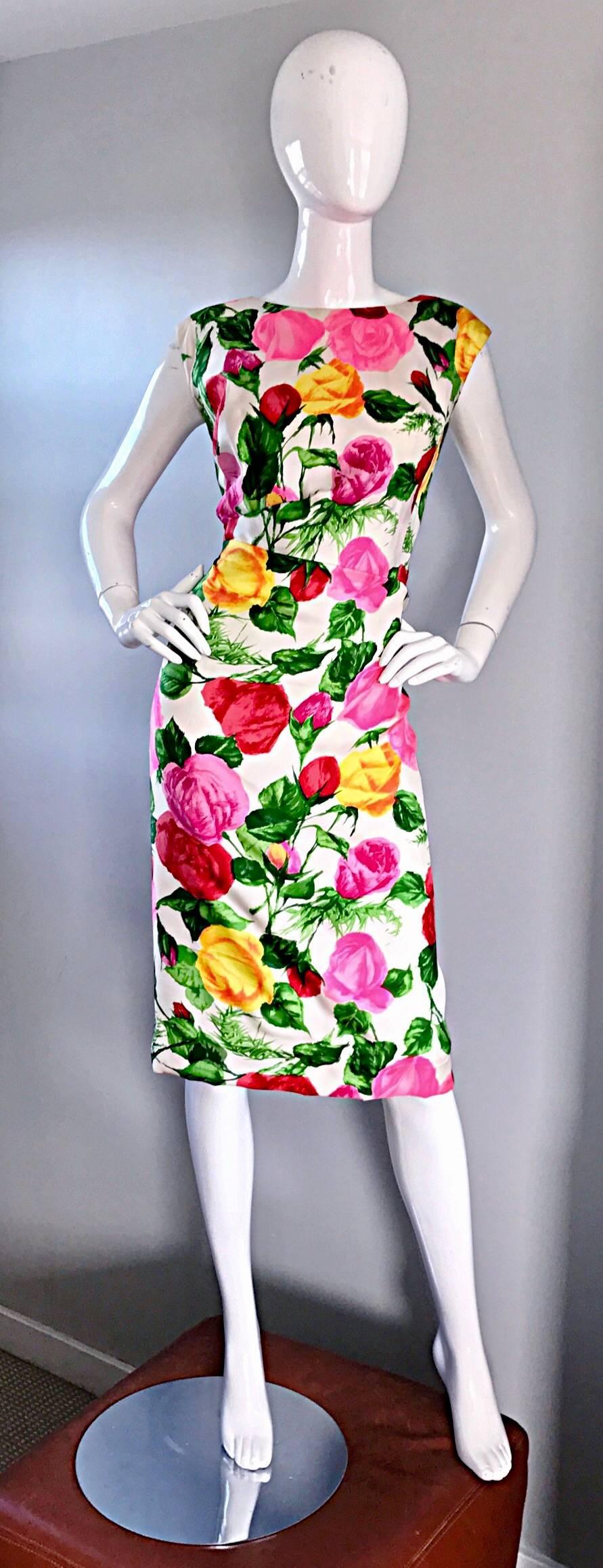 Absolutely breathtaking late 1950s early 1960s rose print Demi couture dress! Words cannot even begin to describe the utter beauty of this little gem! Fantastic fit that hugs the body in all the right places. Extremely soft silk. Vibrant prints of