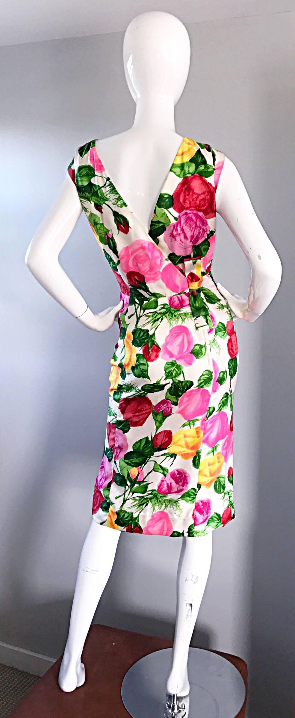 Beige Gorgeous 1950s I Magnin Demi Couture Silk Rose Flower 50s 60s Vintage Dress