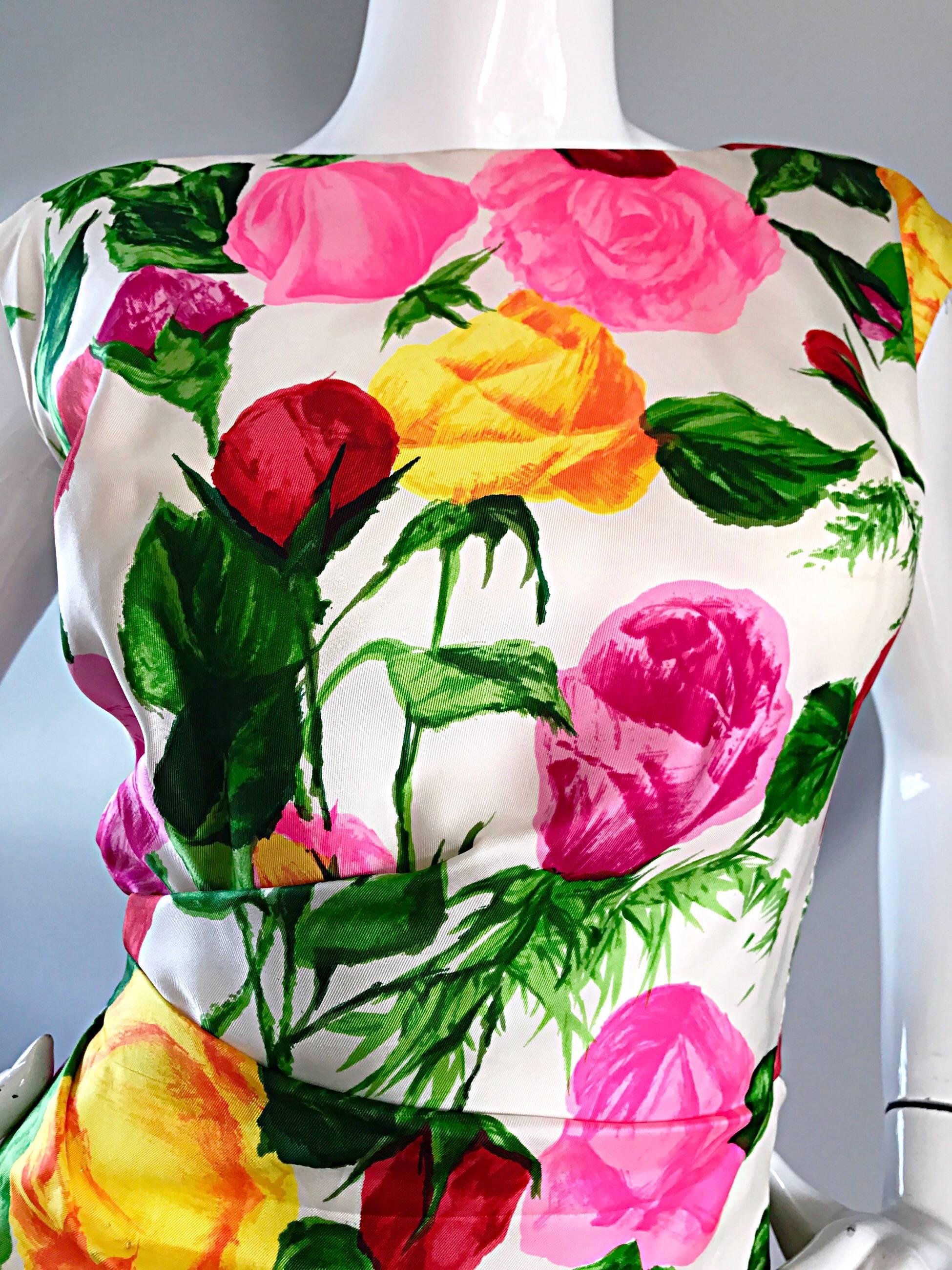 Gorgeous 1950s I Magnin Demi Couture Silk Rose Flower 50s 60s Vintage Dress In Excellent Condition In San Diego, CA