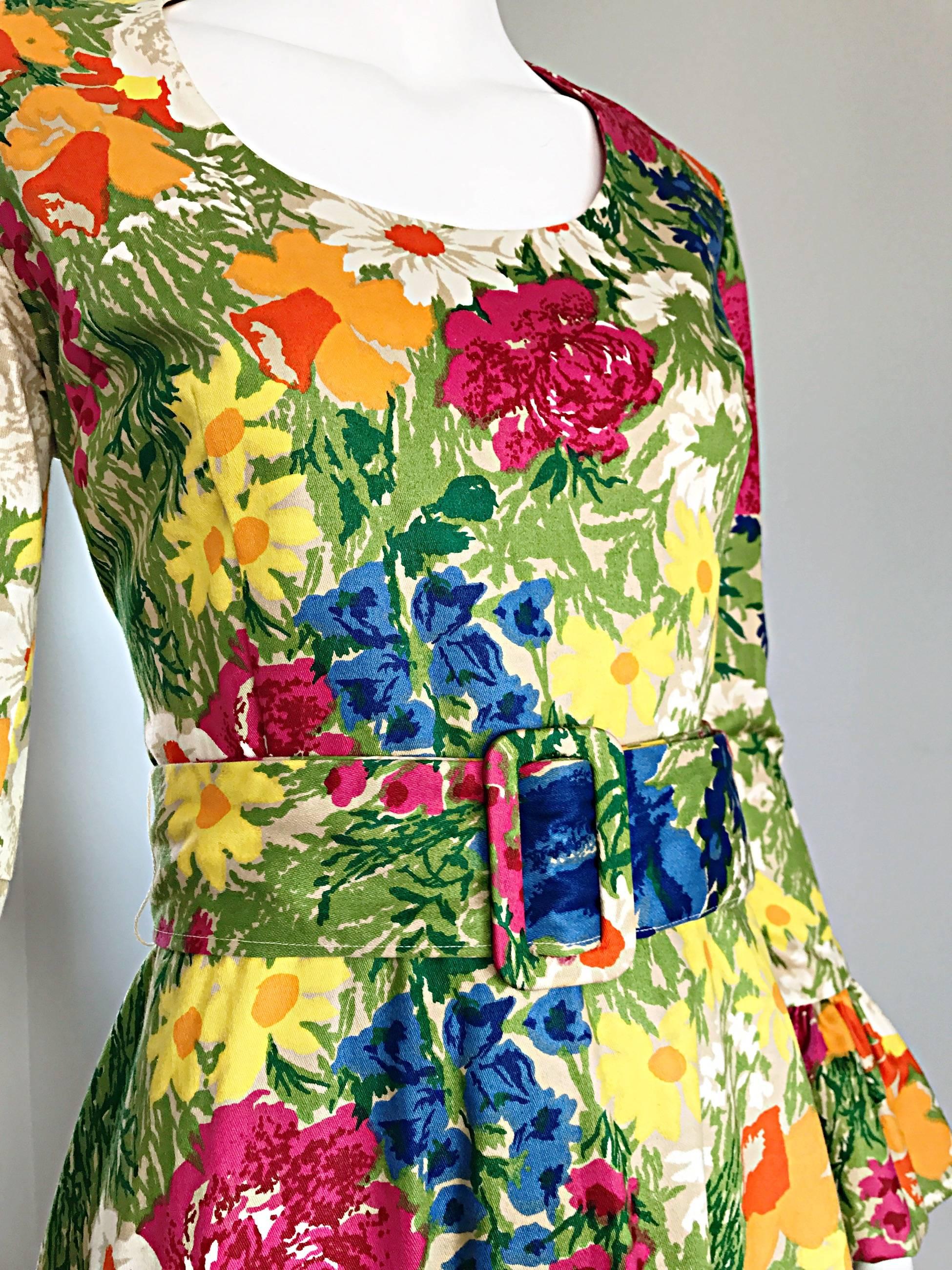 Beige Carmen G Vintage 1970s Flower 70s Boho Belted Floral Cotton Maxi Dress Sz M