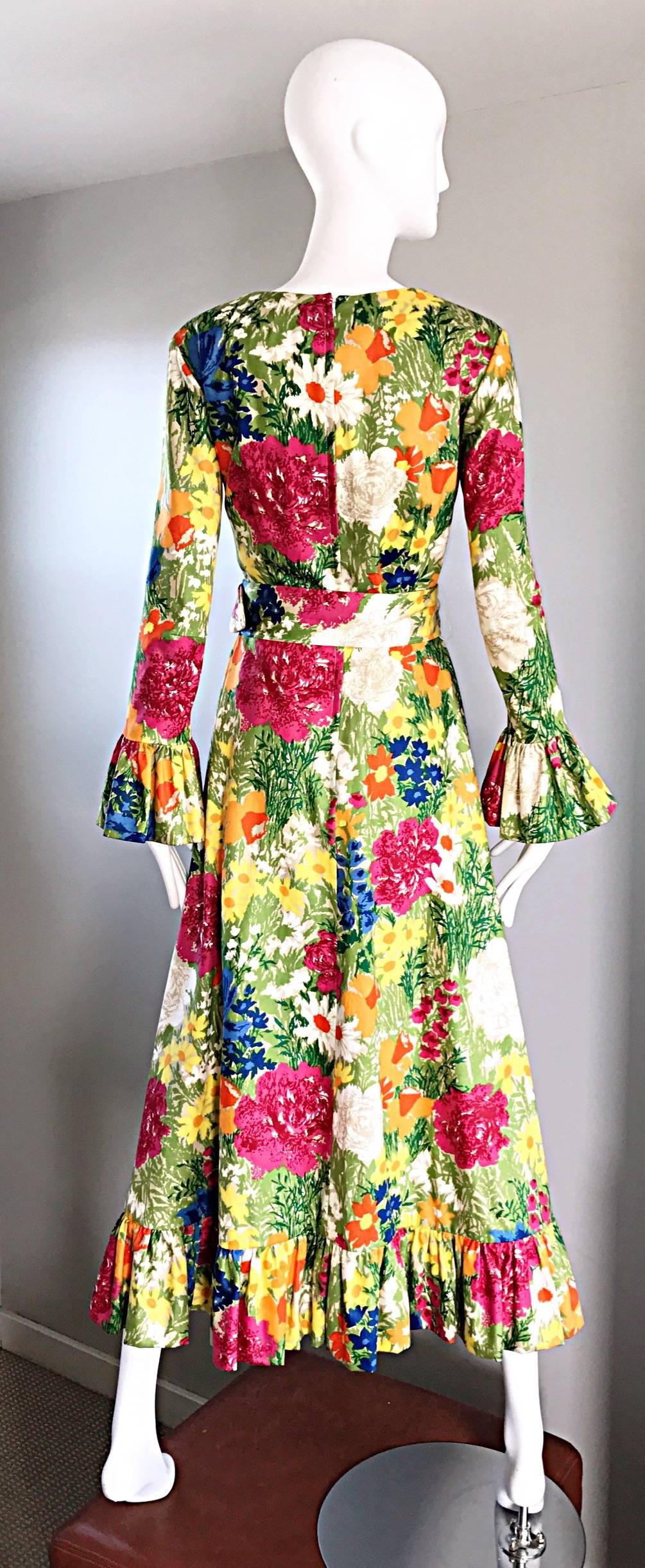 Carmen G Vintage 1970s Flower 70s Boho Belted Floral Cotton Maxi Dress Sz M In Excellent Condition In San Diego, CA