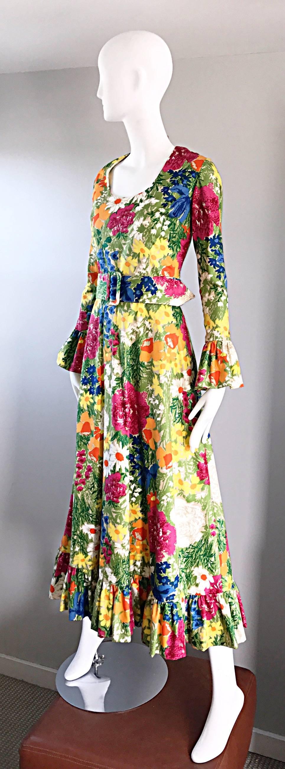 Women's Carmen G Vintage 1970s Flower 70s Boho Belted Floral Cotton Maxi Dress Sz M