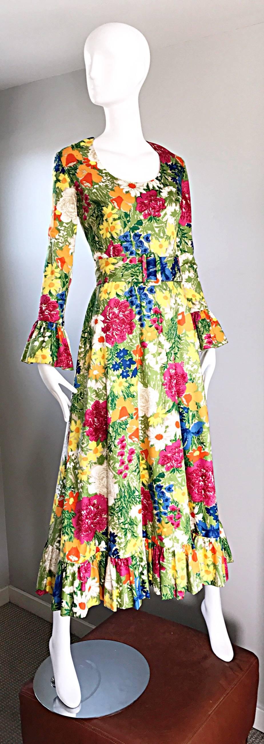 Carmen G Vintage 1970s Flower 70s Boho Belted Floral Cotton Maxi Dress Sz M 1