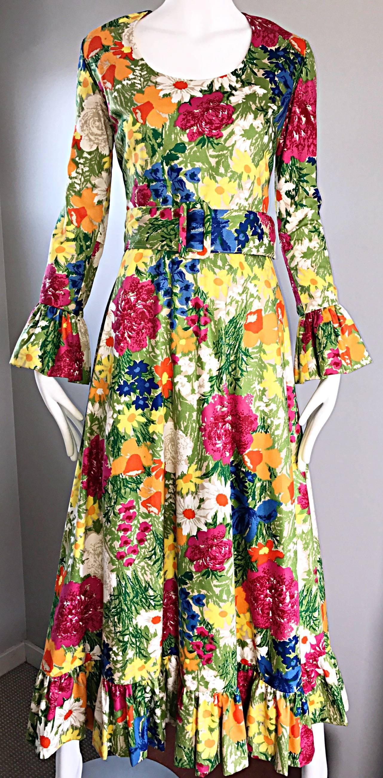 Carmen G Vintage 1970s Flower 70s Boho Belted Floral Cotton Maxi Dress Sz M 2