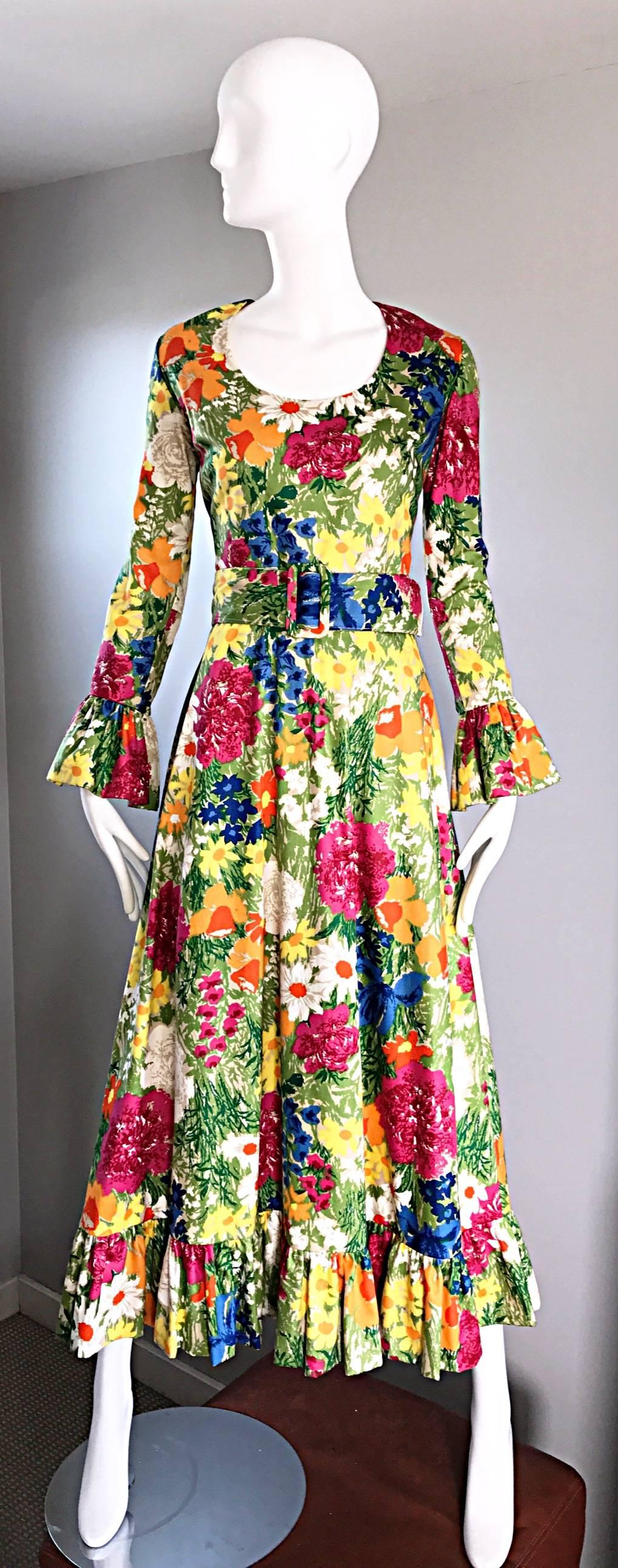 Carmen G Vintage 1970s Flower 70s Boho Belted Floral Cotton Maxi Dress Sz M 4