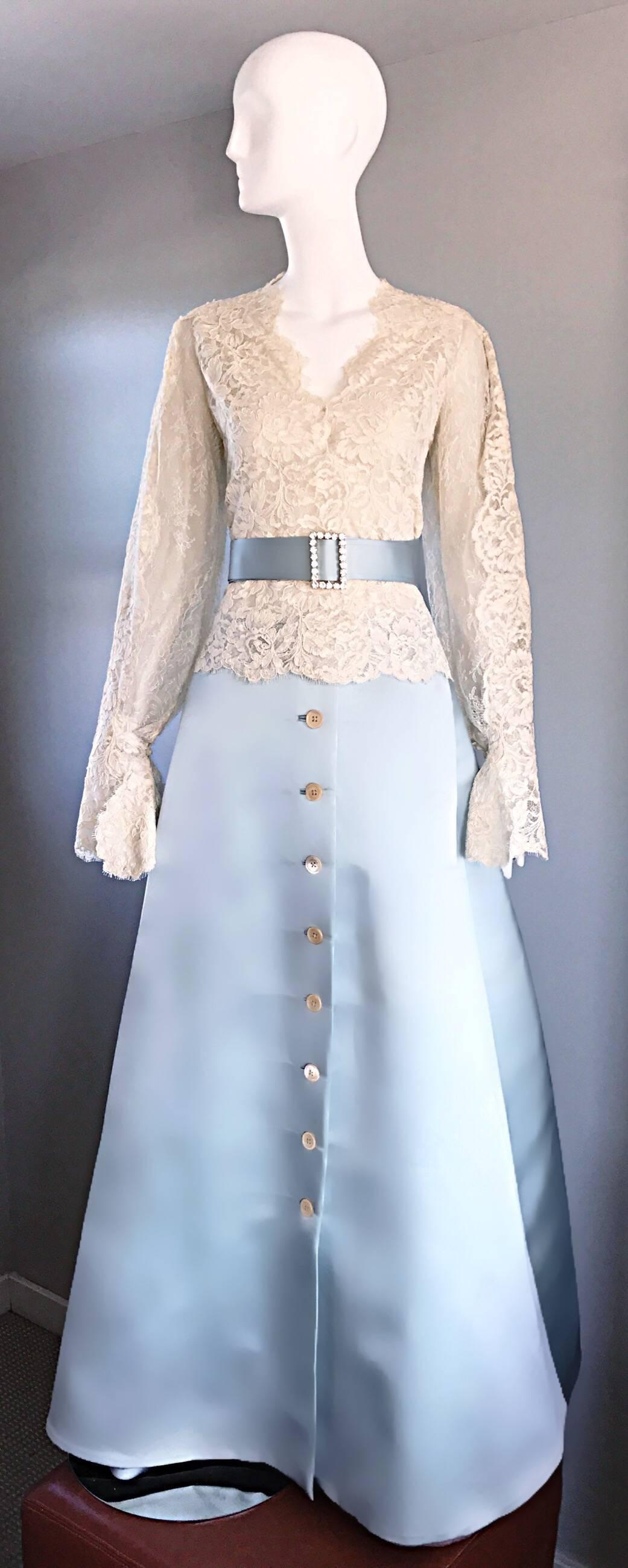 Gray Exquisite Vintage Bill Blass 1970s Baby Blue + White Lace 3 Piece Evening Gown