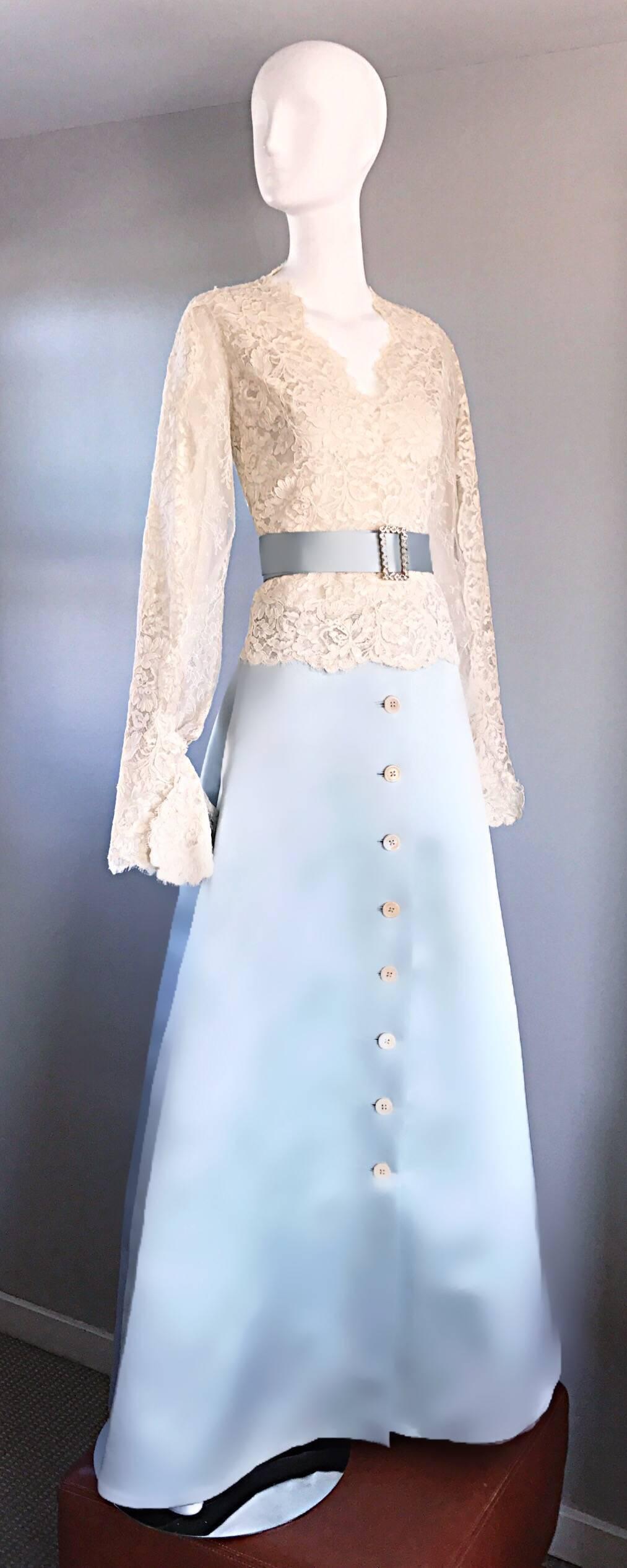 Women's Exquisite Vintage Bill Blass 1970s Baby Blue + White Lace 3 Piece Evening Gown