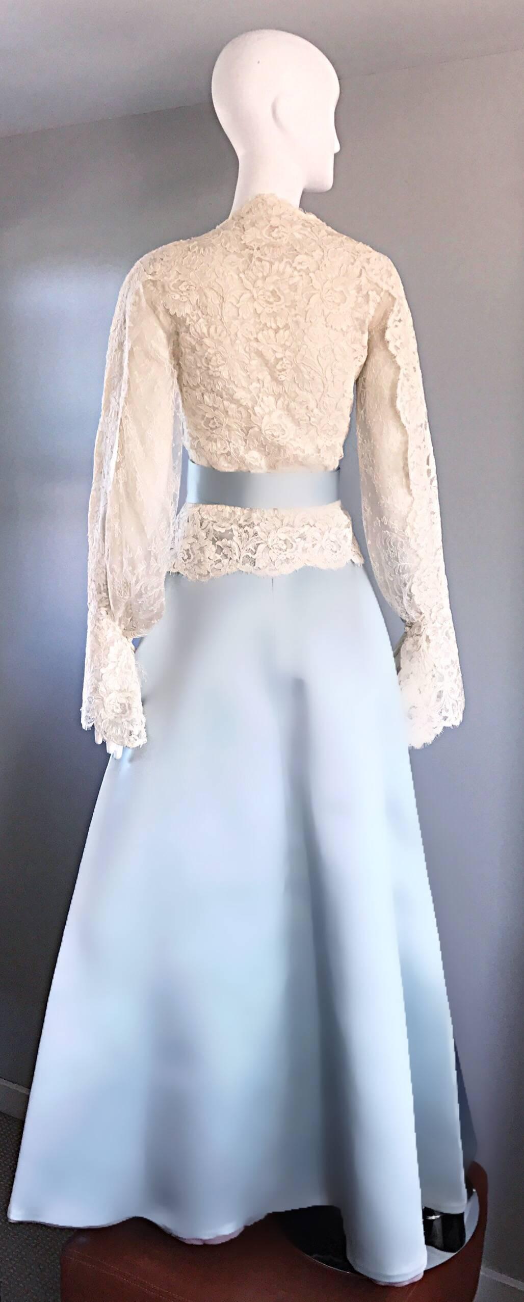 Exquisite Vintage Bill Blass 1970s Baby Blue + White Lace 3 Piece Evening Gown In Excellent Condition In San Diego, CA