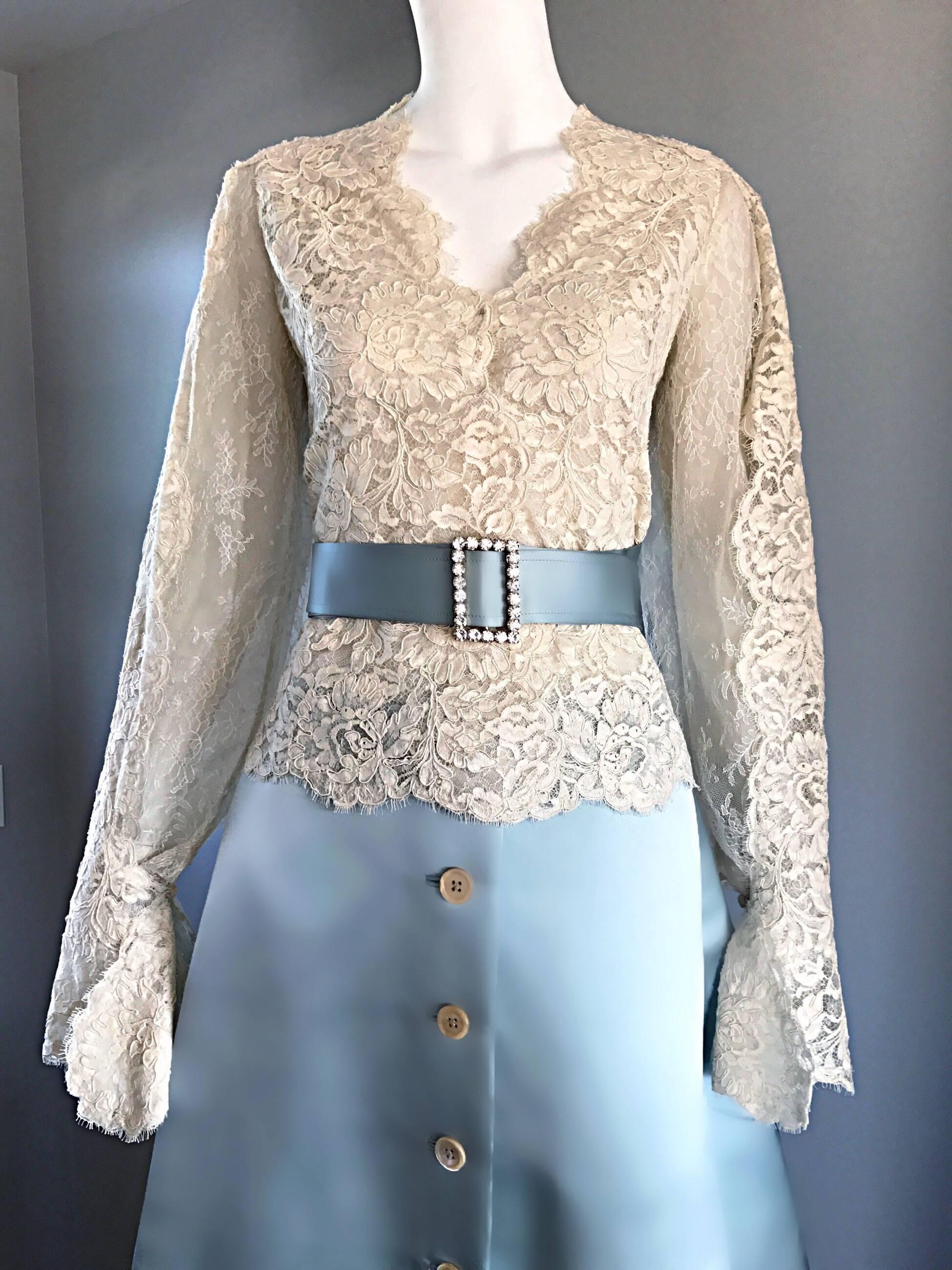 Simply exquisite vintage 70s BILL BLASS Couture three piece dress! This sensational gem looks absolutely amazing on! Features a demi couture hand-sewn ivory white chantily French lace blouse. Hidden snaps up the front. Intricate double ply lace