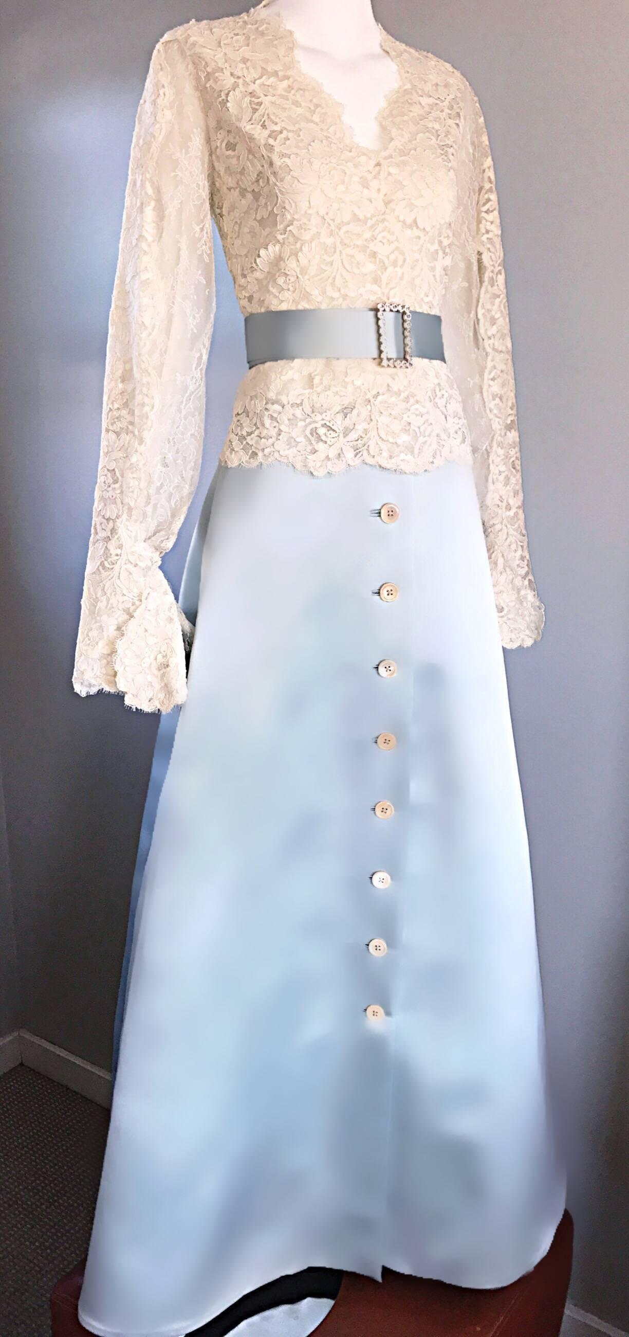 Exquisite Vintage Bill Blass 1970s Baby Blue + White Lace 3 Piece Evening Gown 2
