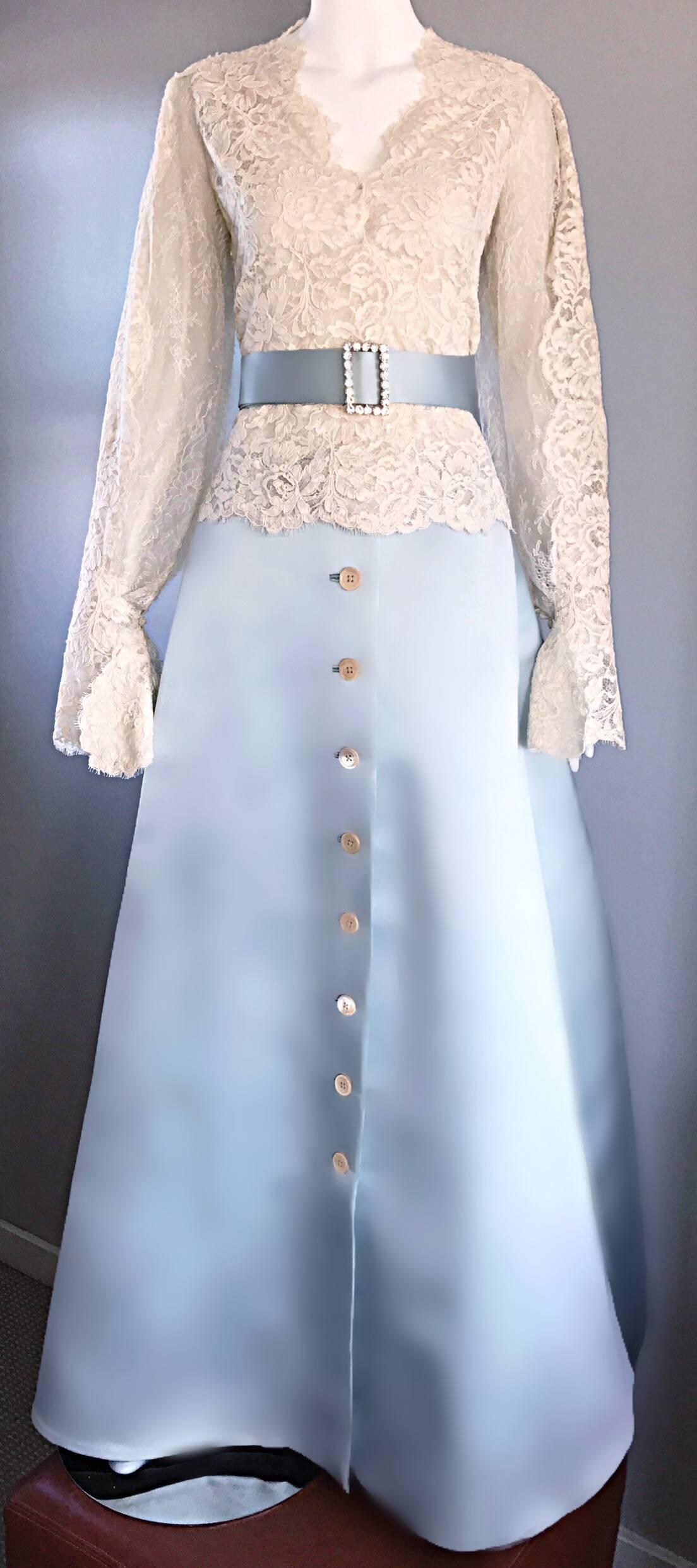 Exquisite Vintage Bill Blass 1970s Baby Blue + White Lace 3 Piece Evening Gown 1