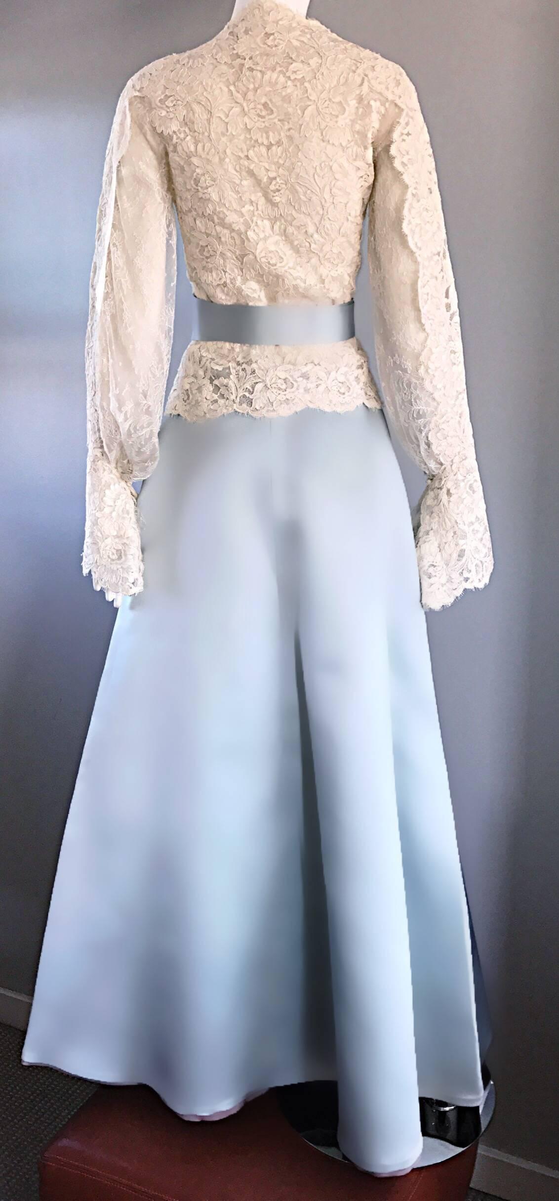 Exquisite Vintage Bill Blass 1970s Baby Blue + White Lace 3 Piece Evening Gown 3