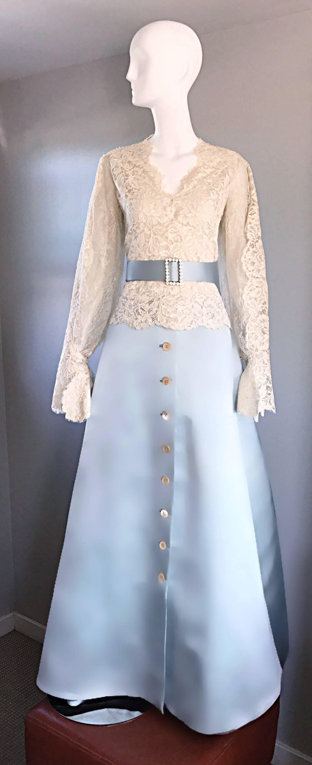 Exquisite Vintage Bill Blass 1970s Baby Blue + White Lace 3 Piece Evening Gown 5