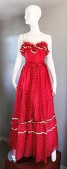 1970s Red and White Polka Dot Vintage 70s Strapless Chiffon Belted Maxi Dress