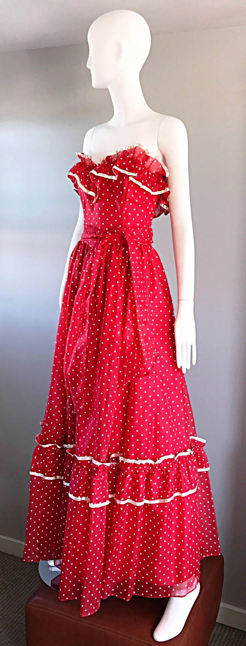 1970s Red and White Polka Dot Vintage 70s Strapless Chiffon Belted Maxi Dress In Excellent Condition In San Diego, CA