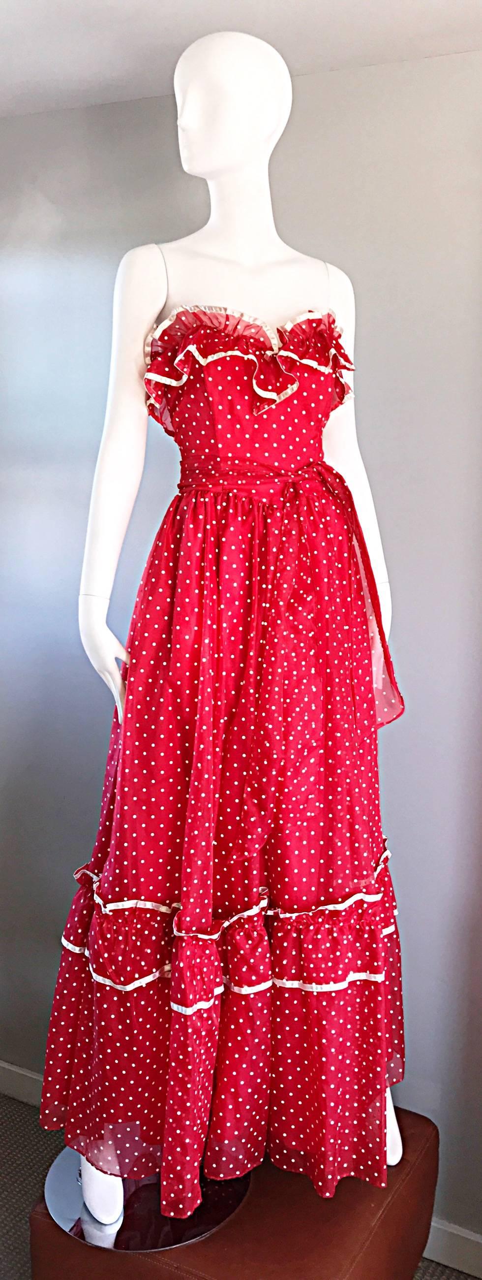 Women's 1970s Red and White Polka Dot Vintage 70s Strapless Chiffon Belted Maxi Dress