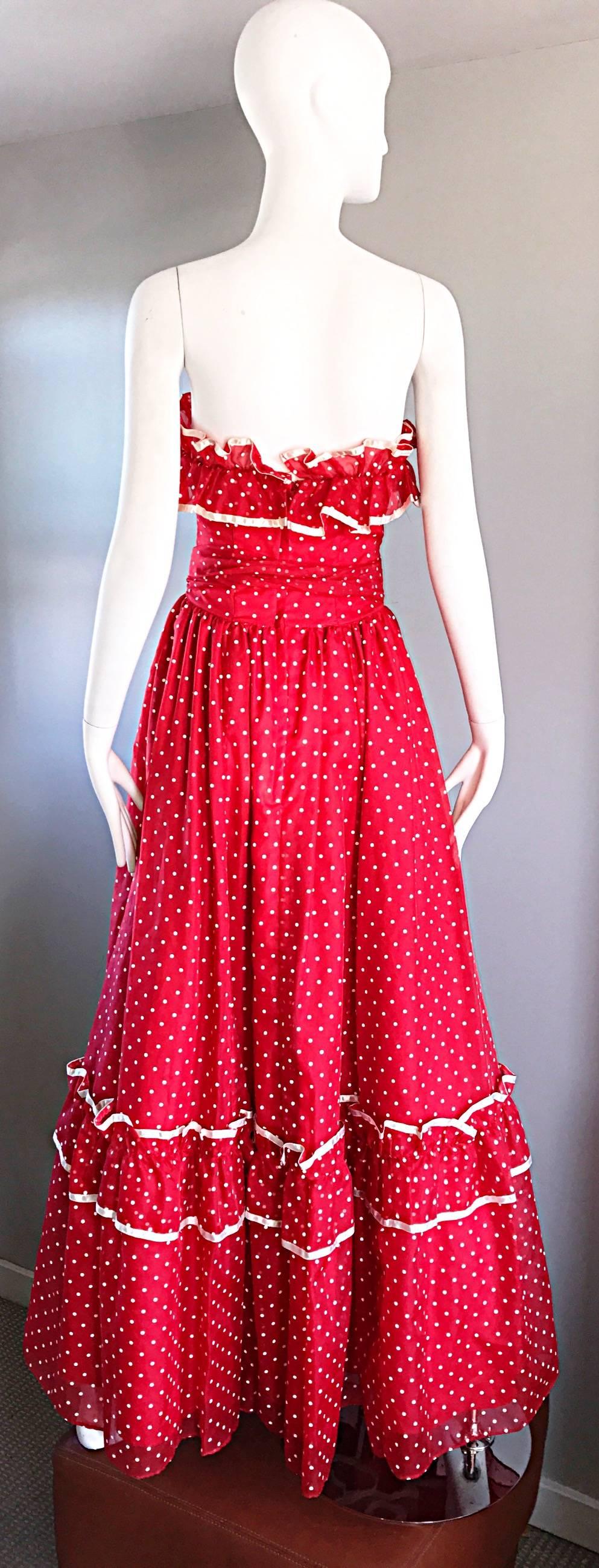 1970s Red and White Polka Dot Vintage 70s Strapless Chiffon Belted Maxi Dress 1
