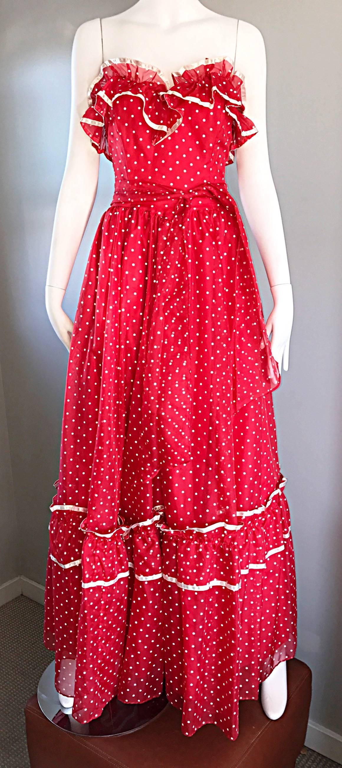 1970s Red and White Polka Dot Vintage 70s Strapless Chiffon Belted Maxi Dress 2