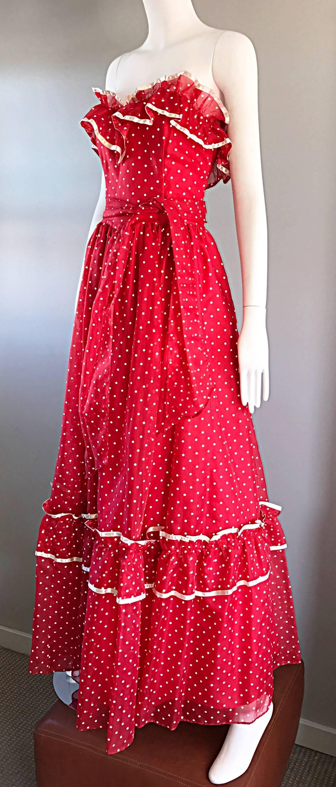 1970s Red and White Polka Dot Vintage 70s Strapless Chiffon Belted Maxi Dress 3